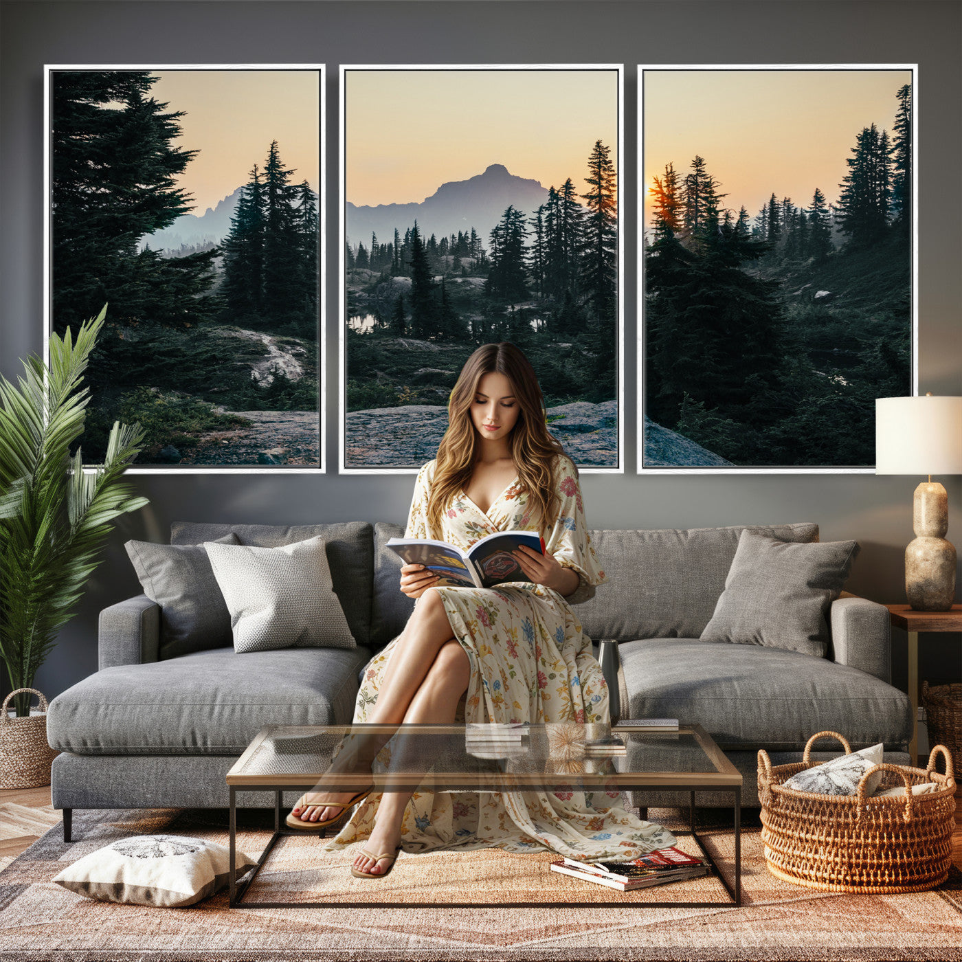 89996020-MGV-CV-36X24 - Mountain Forest Canvas Wall Art Print - Pine Tree Landscape, Sunset Nature Photography, Wilderness Wall Decor, Ready to Hang