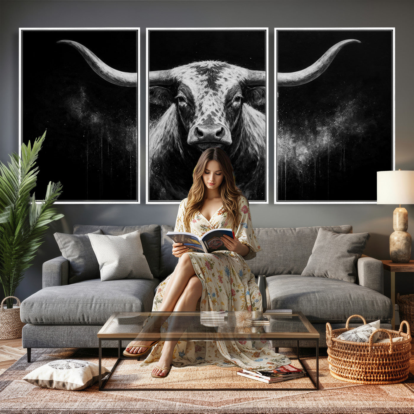 29671077-MGV-CV-60X30-3P - Texas Bull Cow Longhorn Canvas Wall Art Moody Western Bull Oil Painting Print