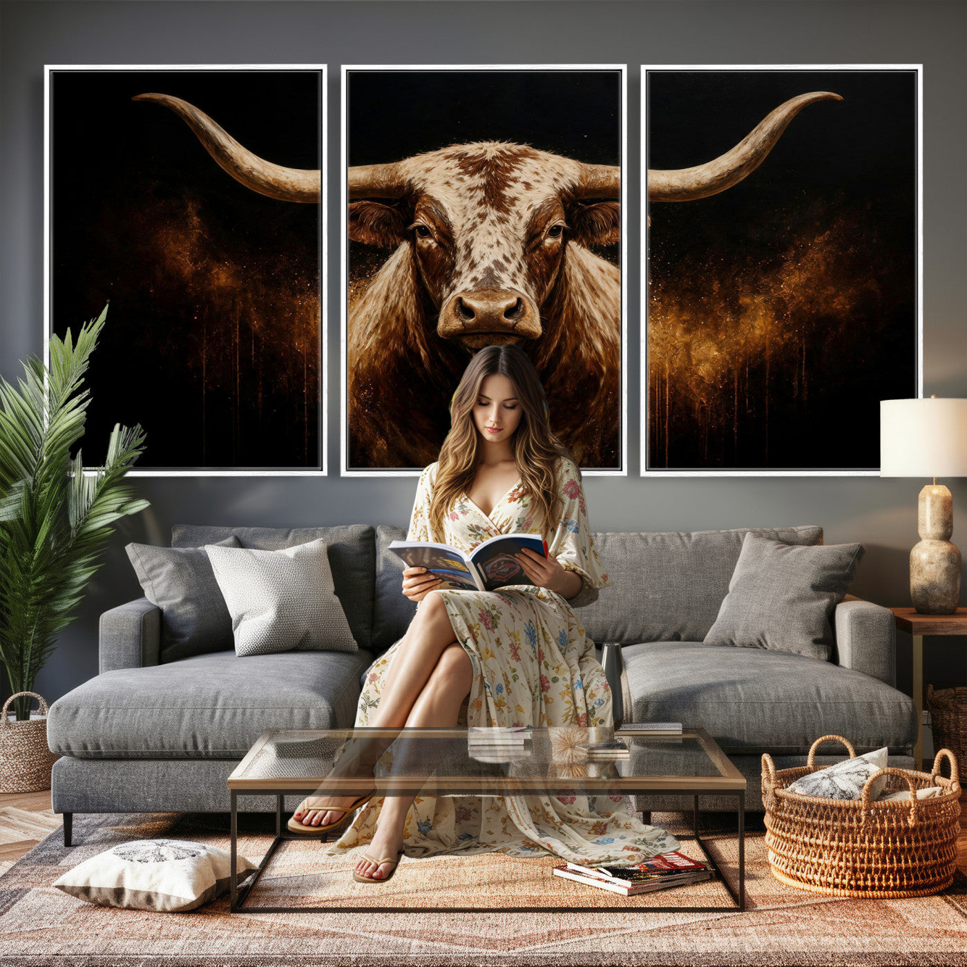 62076449-MGV-CV-48X32-3P - Texas Bull Cow Longhorn Canvas Wall Art Moody Western Bull Oil Painting Print