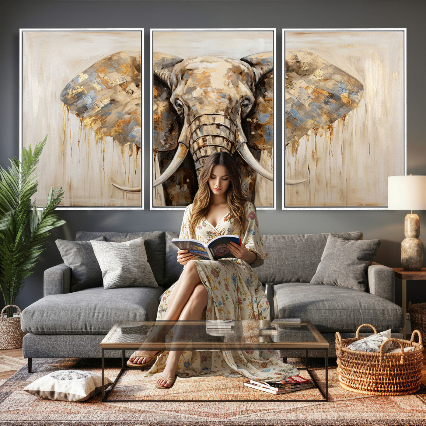 95819221-MGV-CV-36X24 - Gold Leaf Elephant Canvas Wall Art Abstract African Wildlife Painting Print