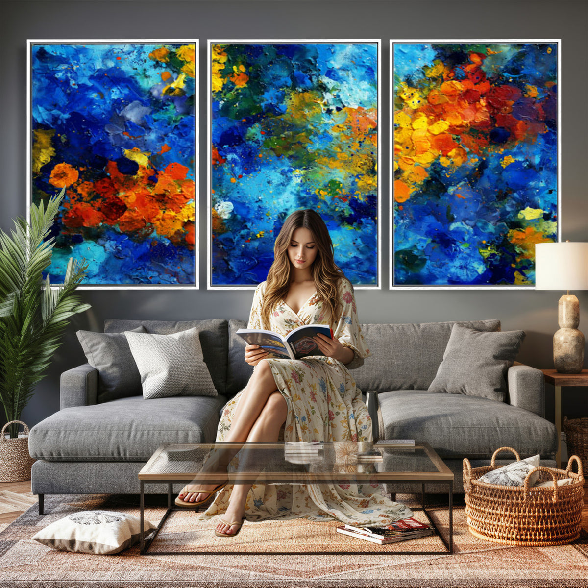 52431611-MGV-CV-36X24 - Vibrant Blue Abstract Canvas Wall Art Colorful Impasto Oil Painting Print