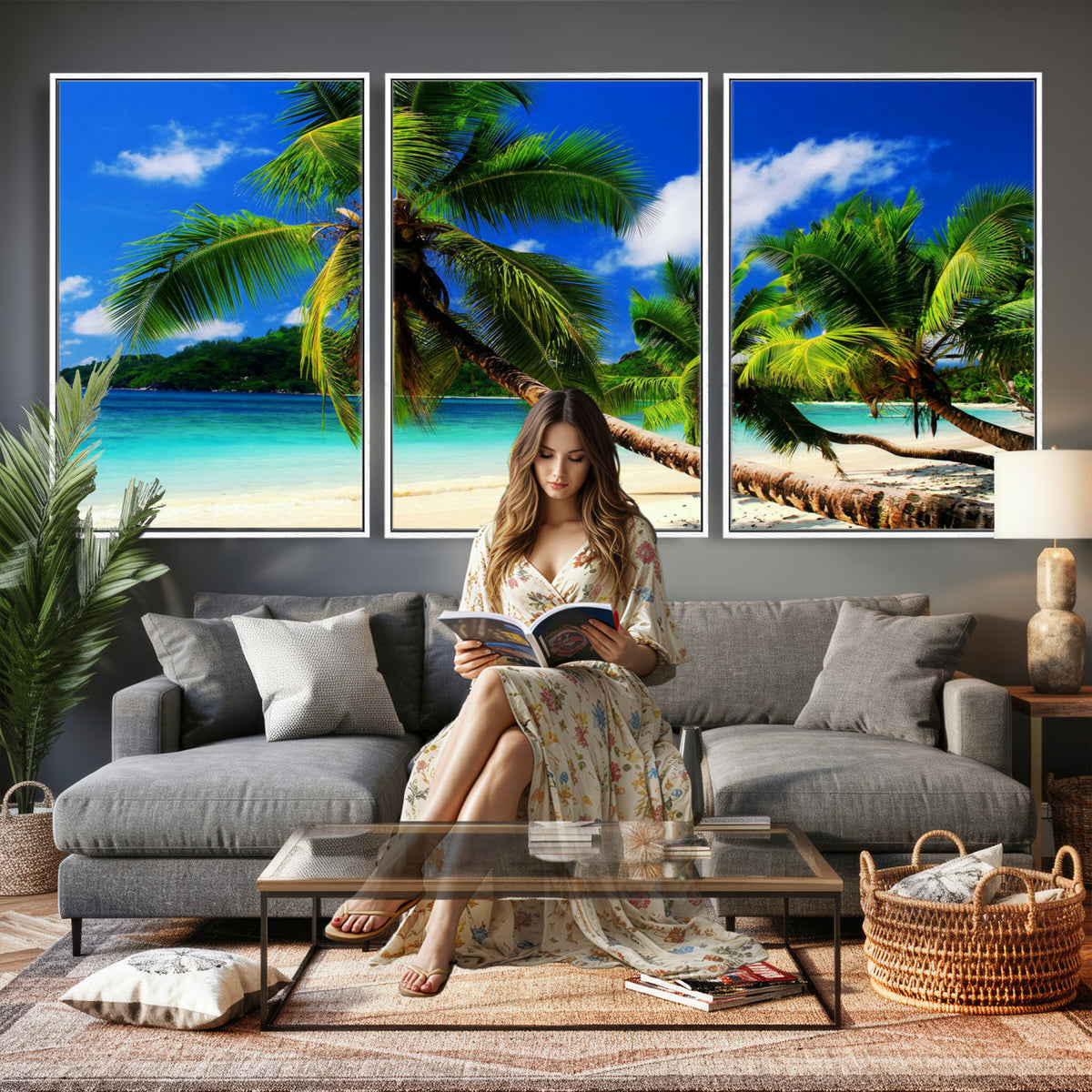 67049818-MGV-CV-36X24 - Tropical Island Coconut Palm Trees Wall Art Canvas Print - Turquoise Beach Print for Lake Home Decor