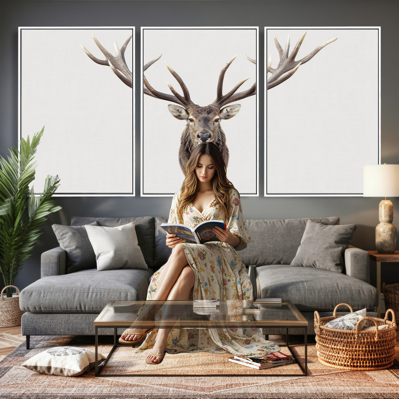840173GY-MGV-CV-36X24 - Majestic Red Deer Canvas Wall Art – Stag Antlers Horns Print, Wildlife Hunting Poster, Rustic Cabin Lodge Decor