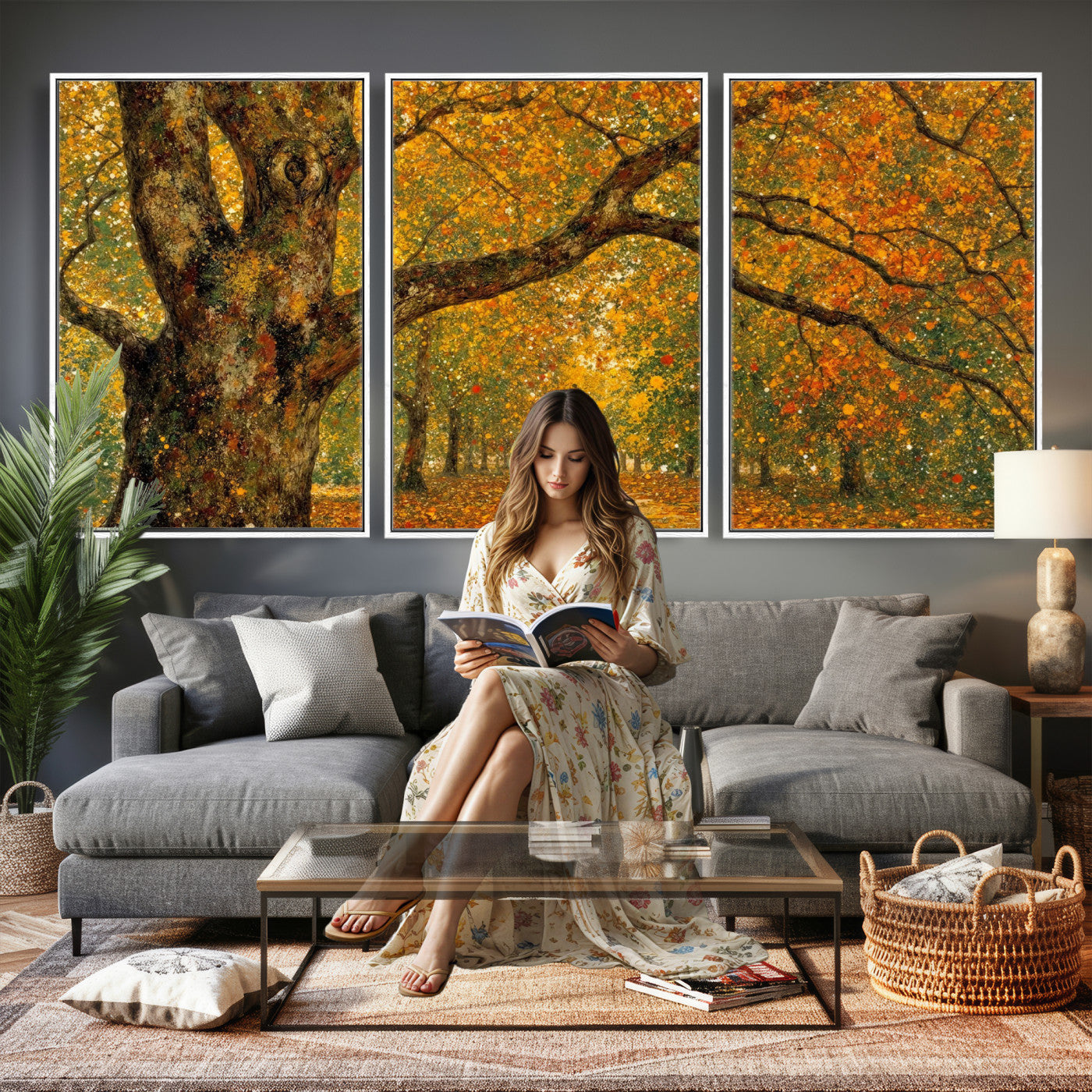 11536138-MGV-CV-36X24 - Vintage Autumn Forest Path Wall Art Canvas Print, Golden Leaves Impressionist Painting Print