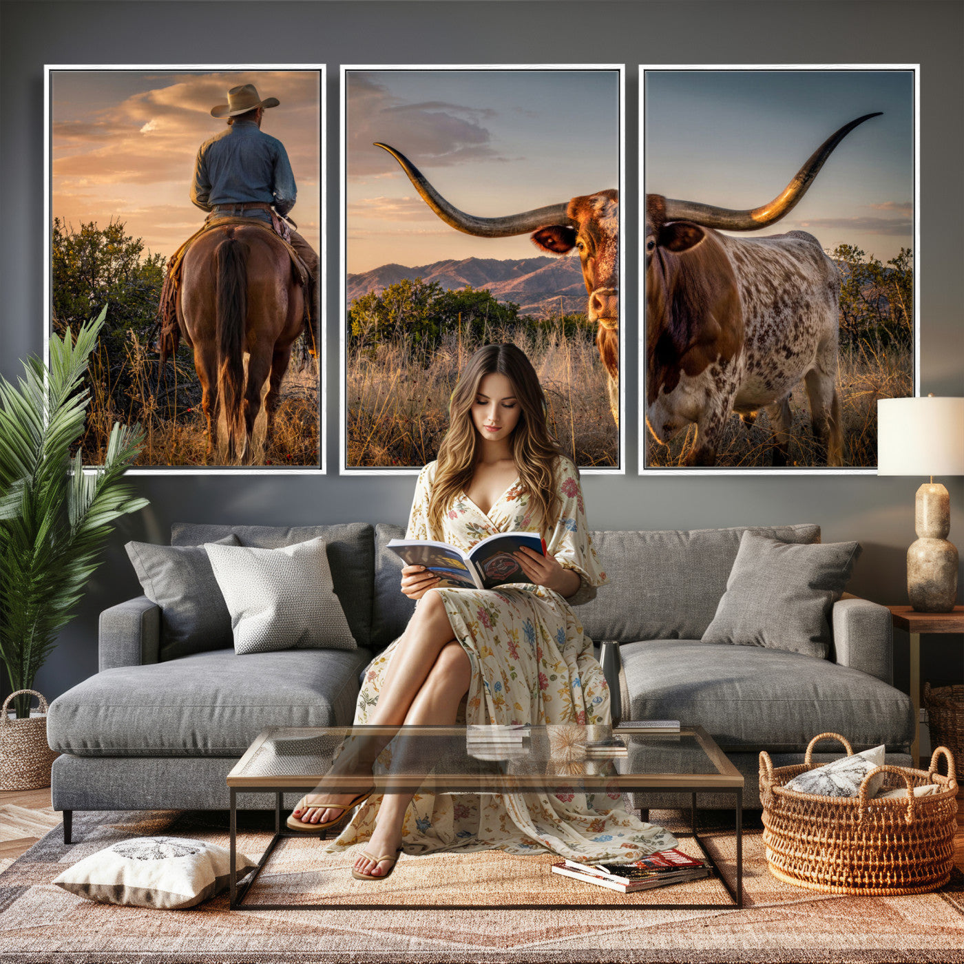 62076449-MGV-CV-60X30-3P - Texas Cow Bull Longhorn Cowboy Western Wall Art Decor for Farmhouse