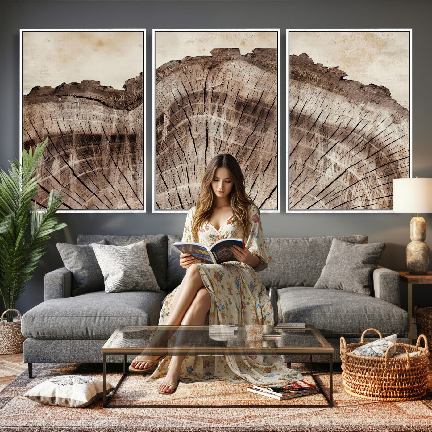 91280382-MGV-CV-60X30-3P - Tree Ring Canvas Wall Art in Neutral Earth Tones, Framed Wood Slice Print for Rustic and Japandi Interiors