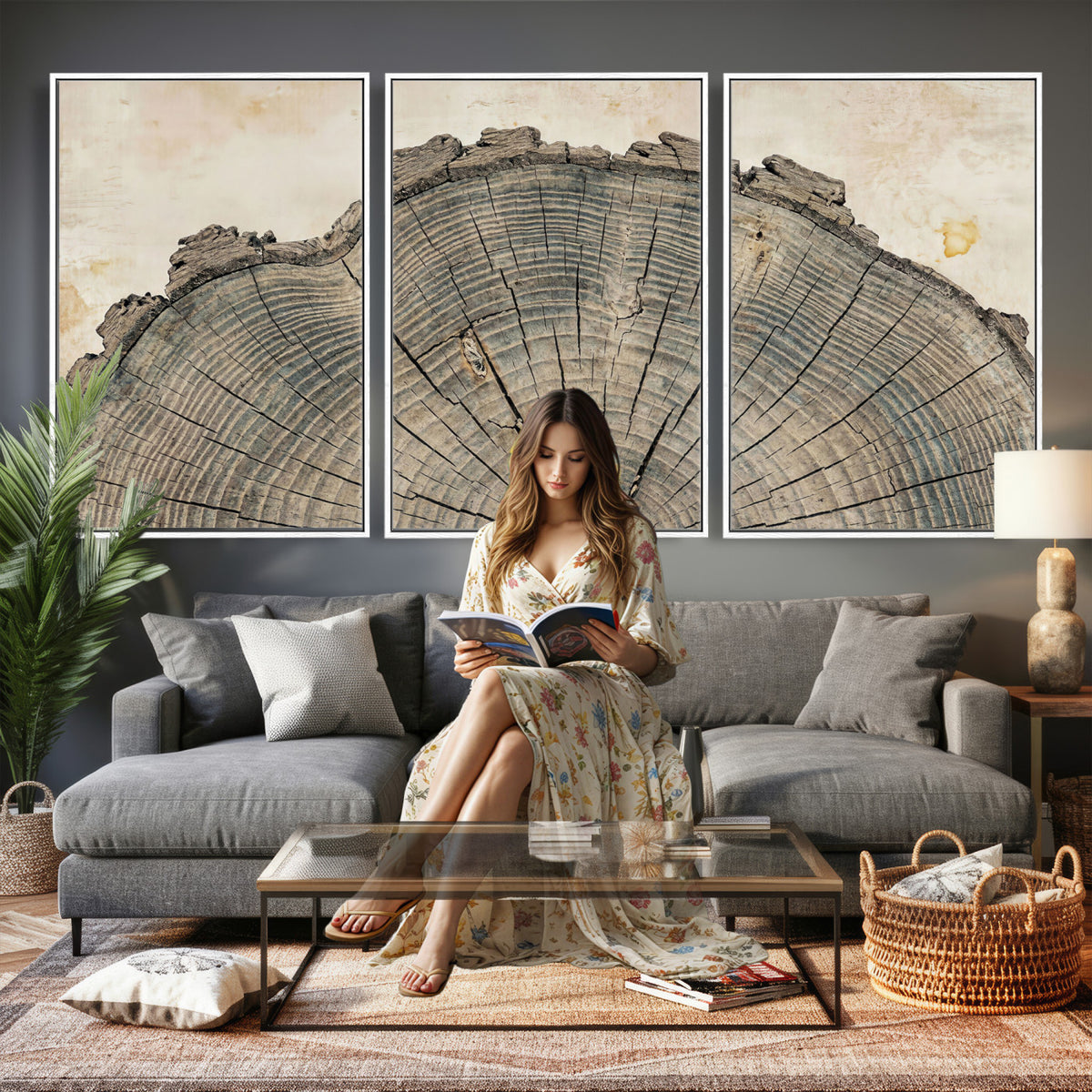 34201080-MGV-CV-60X30-3P - Tree Ring Canvas Wall Art in Neutral Earth Tones, Framed Wood Slice Print for Rustic and Japandi Interiors