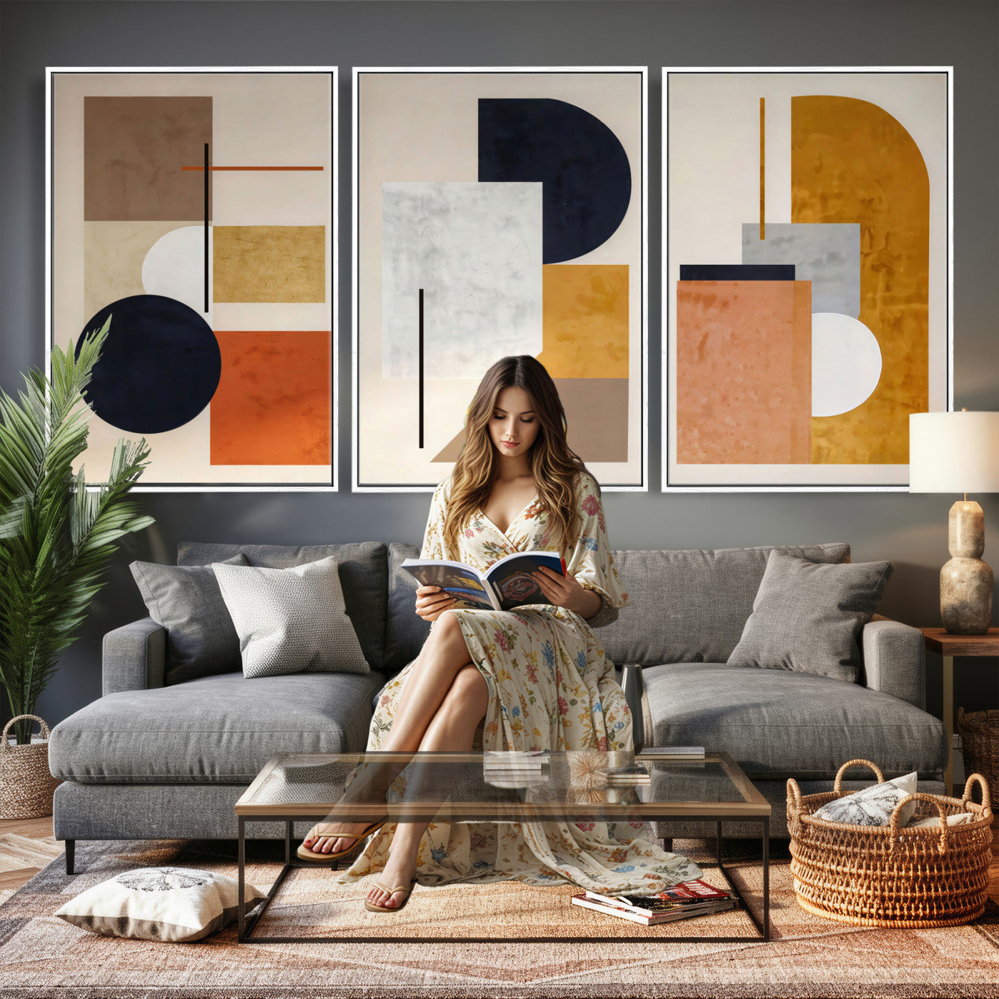 87361249-MGV-CV-48X32-3P - Mid Century Modern Geometric Canvas Wall Art, Abstract Triptych Print
