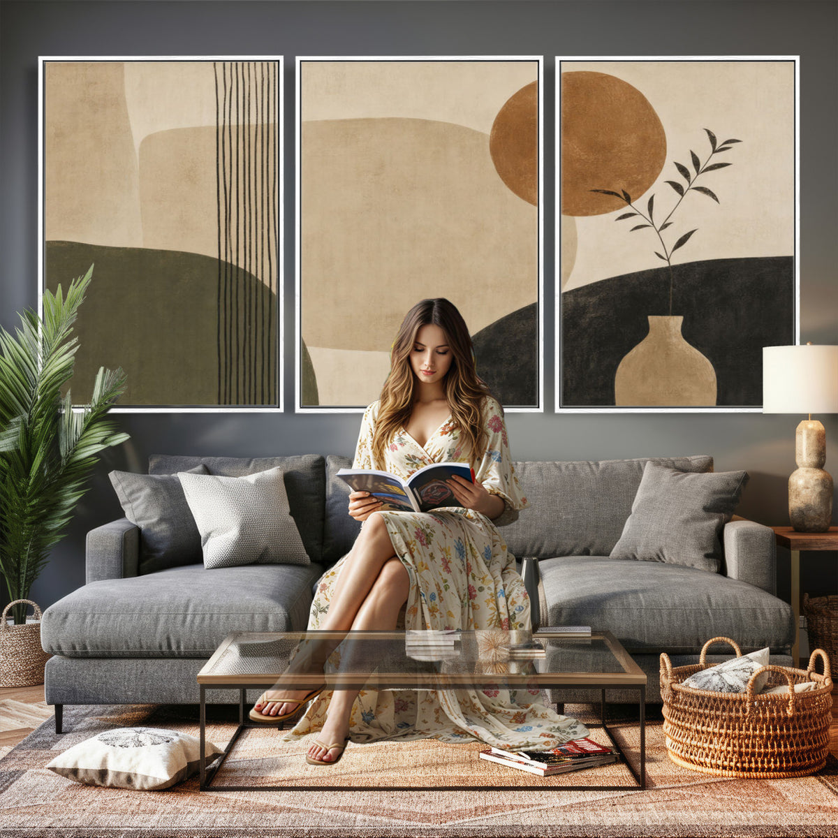 85289499-MGV-CV-60X30-3P - Boho Abstract Sun Canvas Wall Art, Minimalist Sage Green Botanical Print