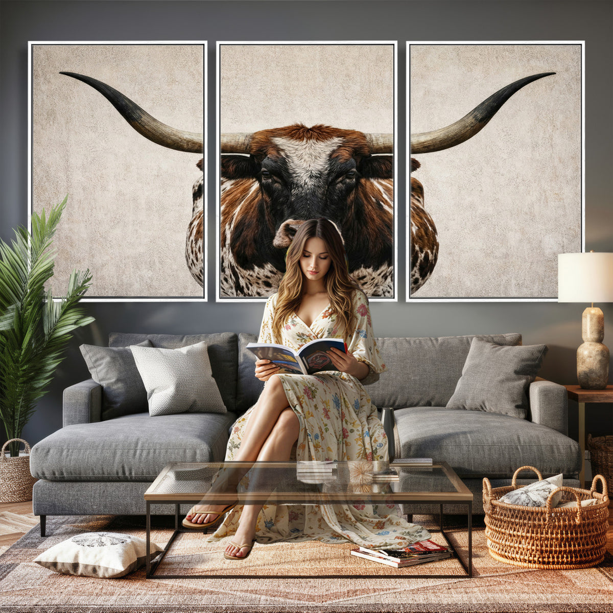 58622065-MGV-CV-36X24 - Texas Longhorn Canvas Wall Art Western Bull Desert Moody Grey Overcast Rustic Farmhouse Framed Large for Living Room Bedroom Office Decor