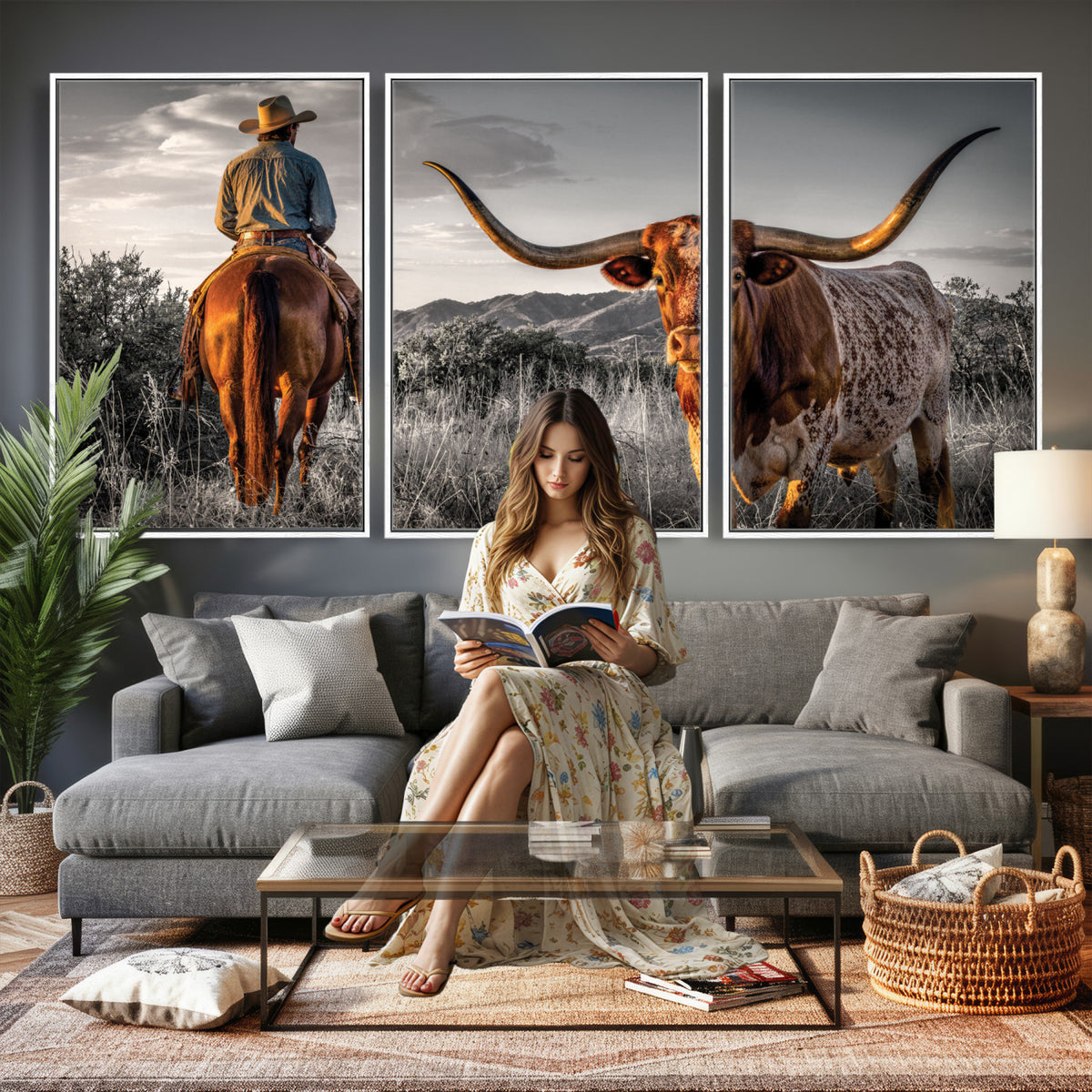 17066920-MGV-CV-60X30-3P - Extra Large Cowboy and Longhorn Wall Art Canvas Print