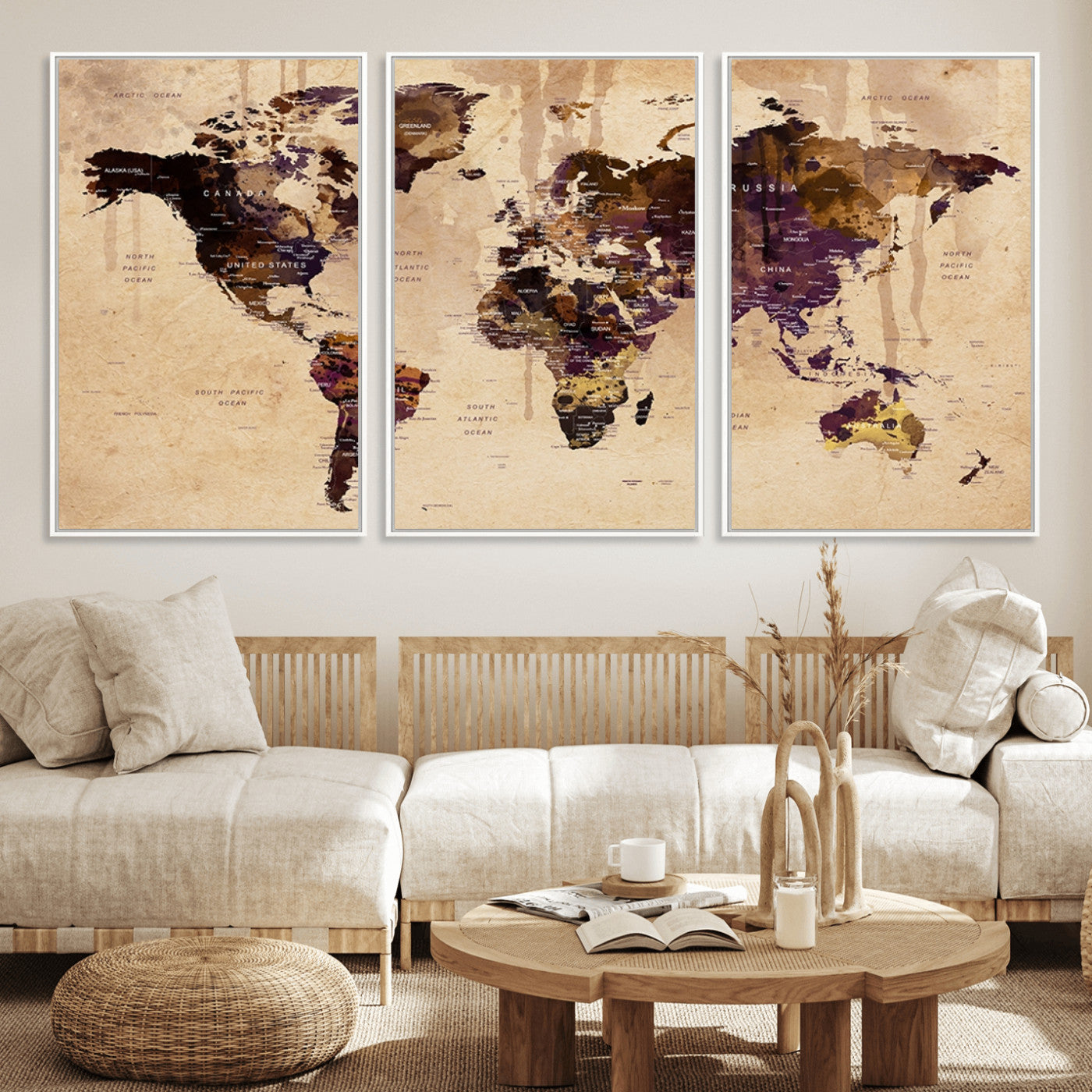47333-MGV-FC-60X30-3P_White-Vintage World Map Canvas Wall Art – Framed Push Pin Travel Map for Home and Office Decor