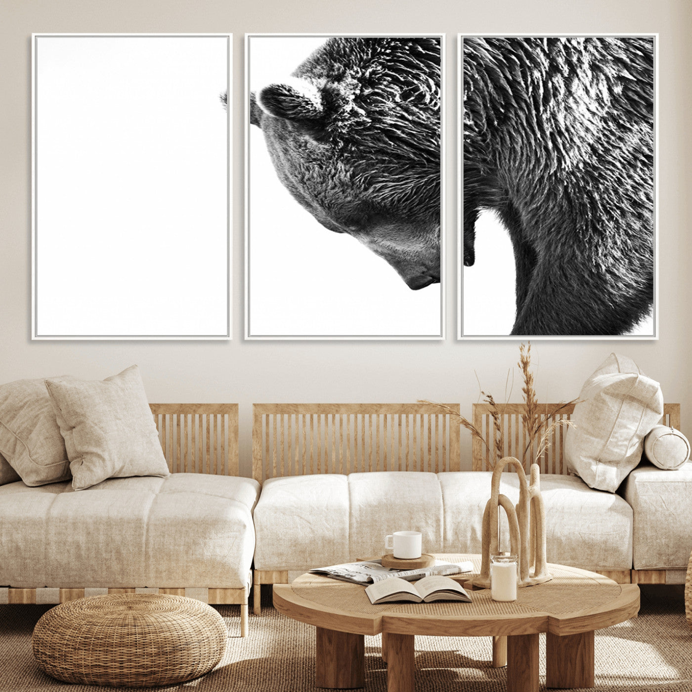 35398-MGV-FC-60X30-3P_White-Black and White Grizzly 399 Bear Canvas Print Wall Art | Large Wildlife Canvas Print for Living