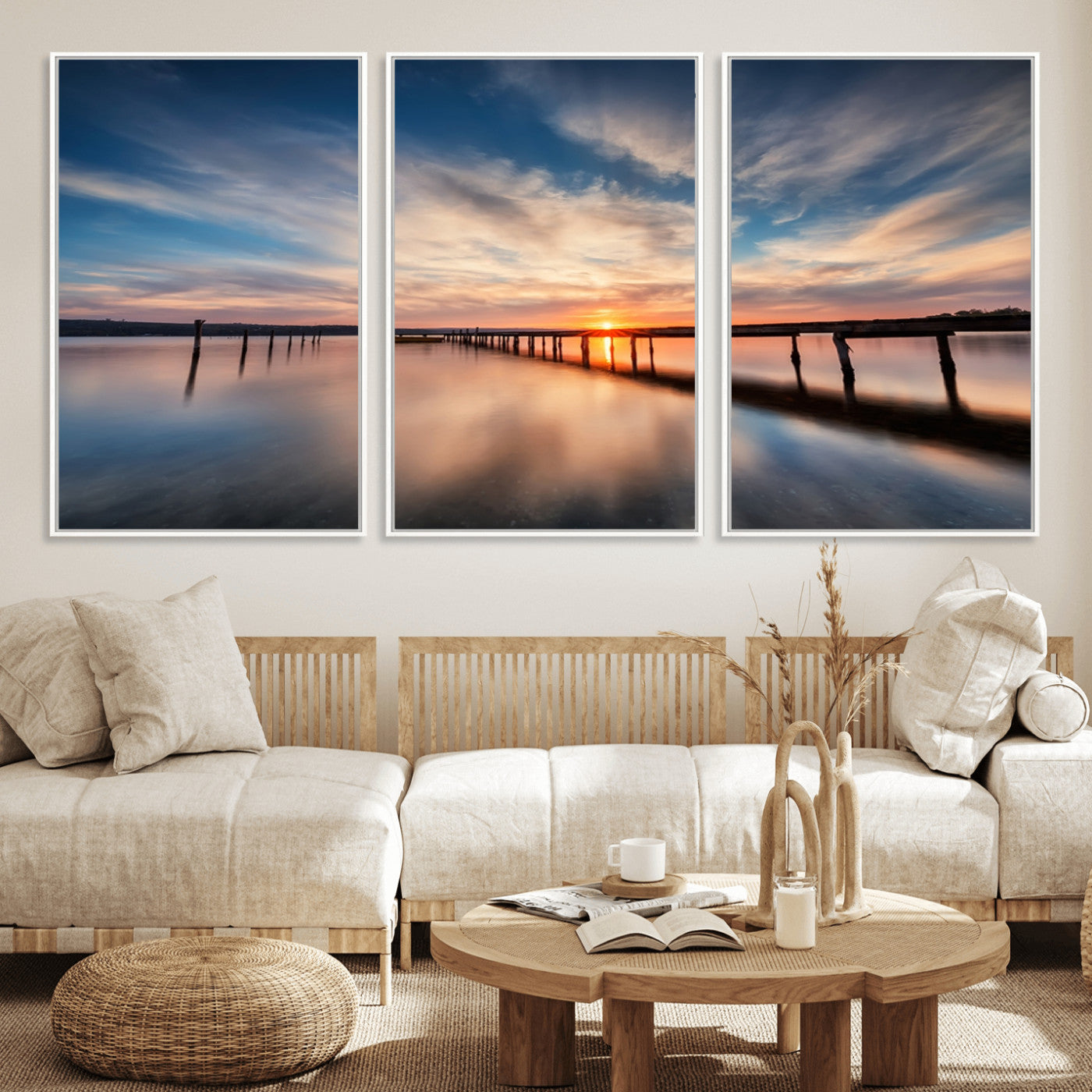 39967-MGV-FC-60X30-3P_White-Wooden Pier on Seascape and Sunset Wall Art Canvas Print