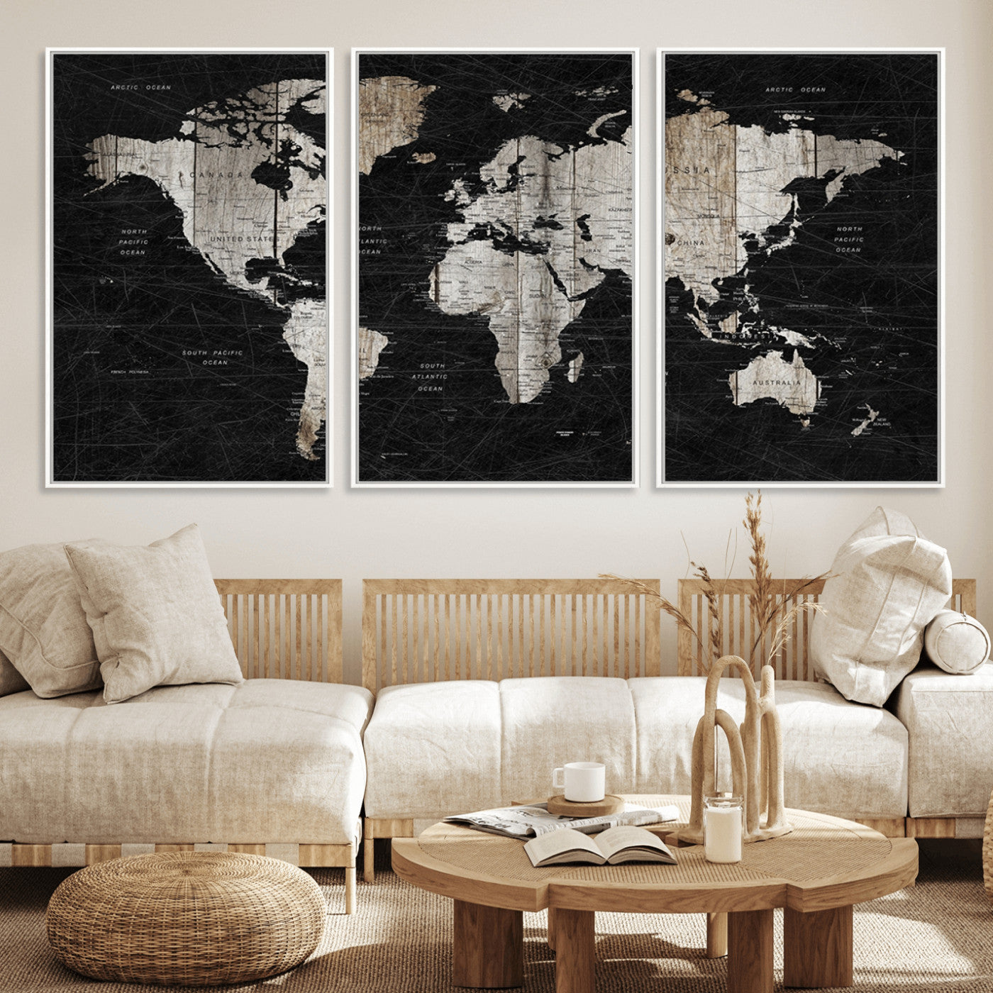 89998-MGV-FC-60X30-3P_White-Rustic Black and Wood World Map Canvas Wall Art – Framed Push Pin Travel Map for Home and Office Decor, Modern Vintage Wall Artwork