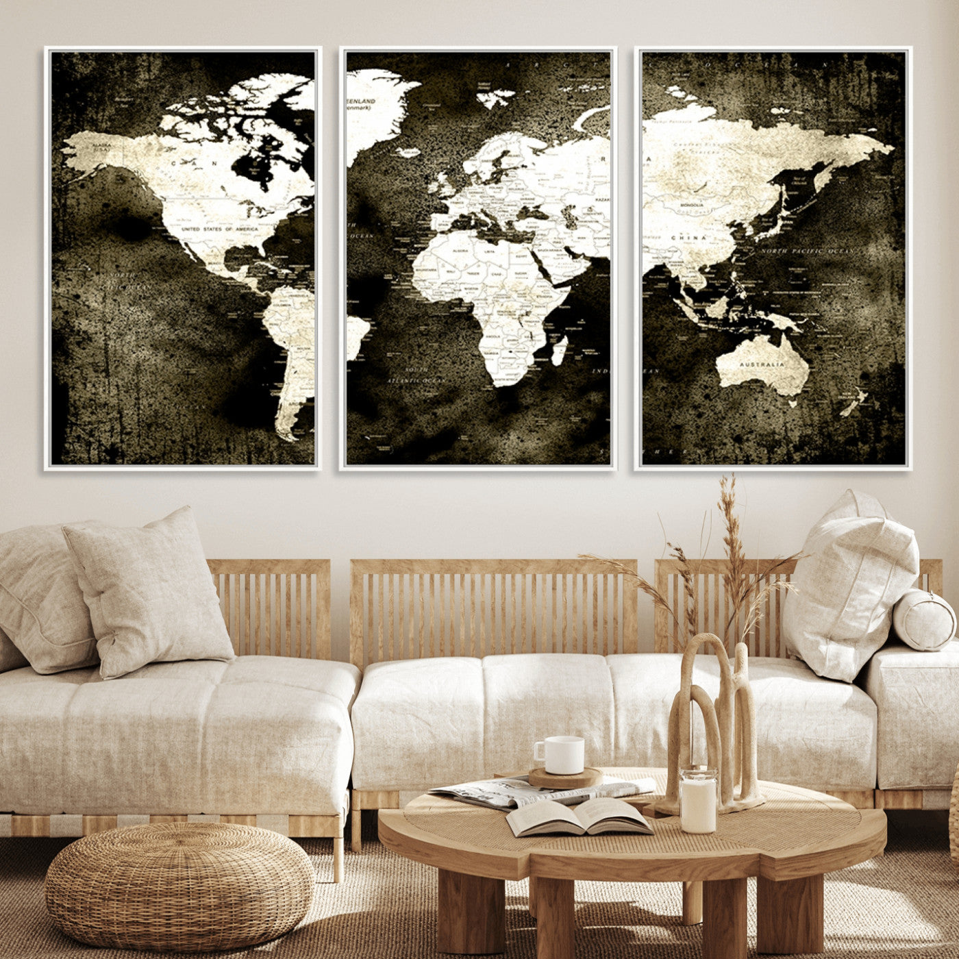 66737-MGV-FC-60X30-3P_White-Vintage World Map Canvas Wall Art – Framed Push Pin Travel Map for Home and Office Decor, Rustic Wall Artwork for Travelers