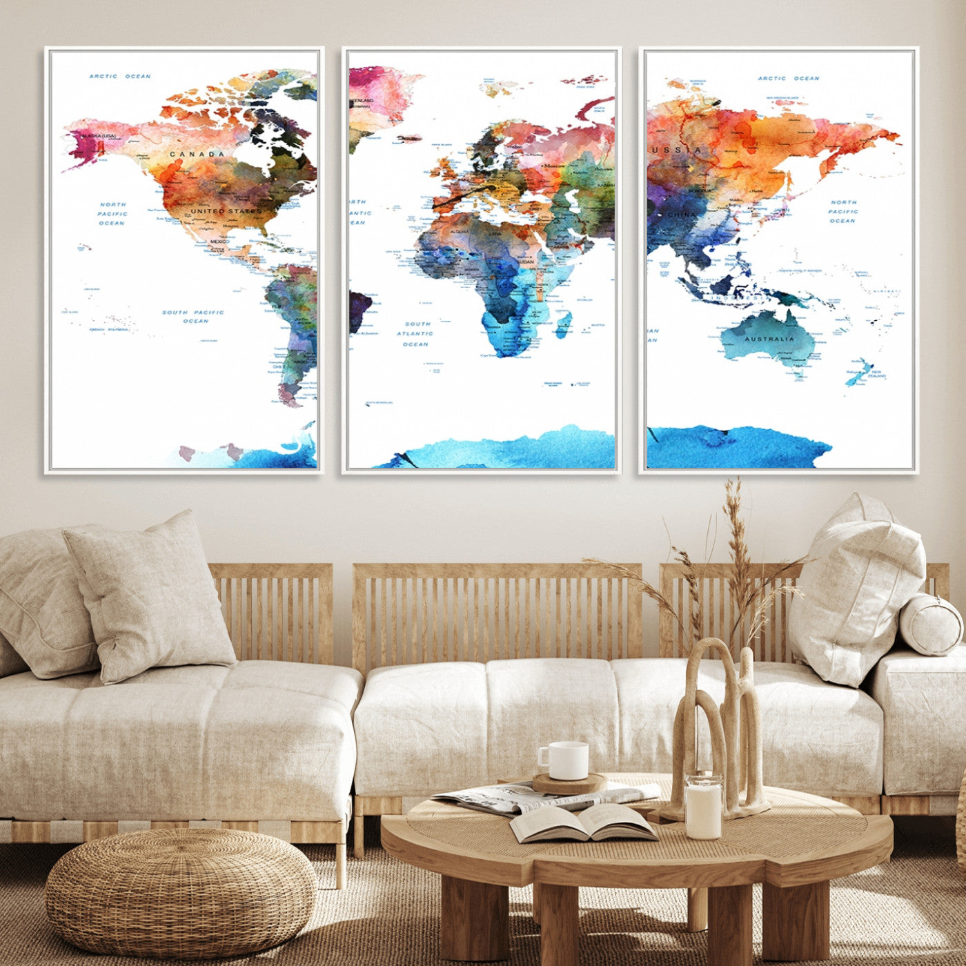 11576-MGV-CV-36X24-Vibrant Watercolor World Map Canvas Wall Art – Framed Push Pin Travel Map for Home and Office Decor, Modern Colorful Wall Artwork