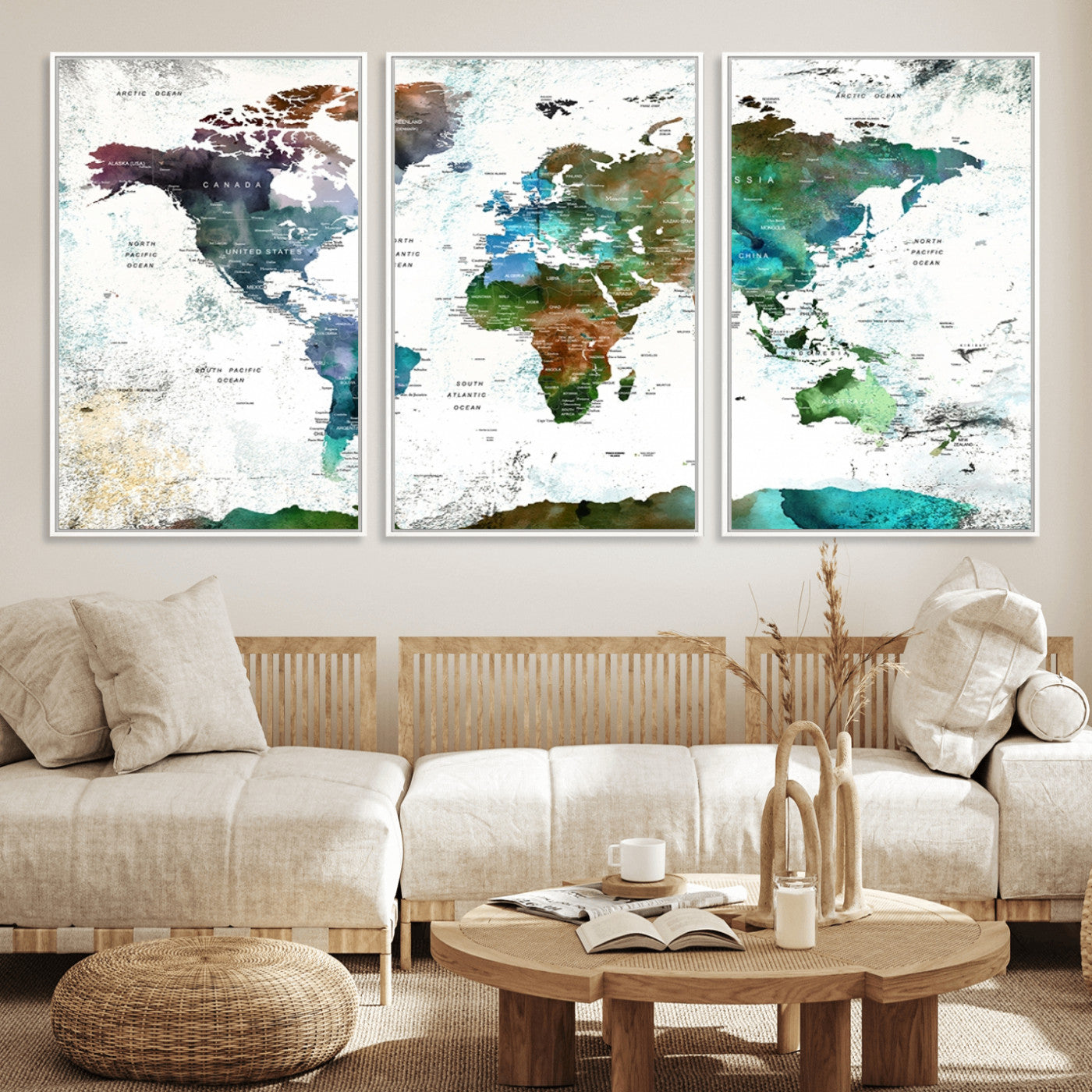 13140-MGV-FC-60X30-3P_White-Modern Watercolor World Map Canvas Wall Art – Framed Abstract Map Print, Contemporary Travel Artwork for Elegant Home and Office Decor