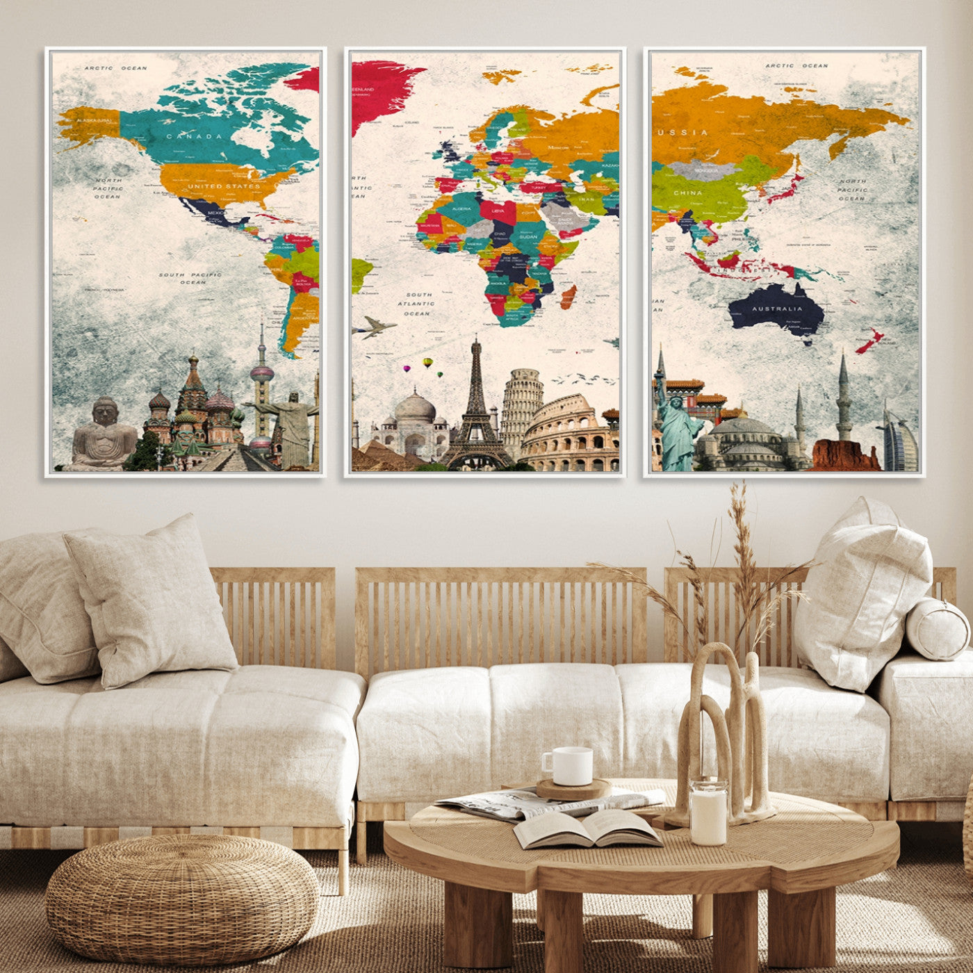98056-MGV-FC-60X30-3P_White-Colorful World Map Canvas Wall Art with Landmarks – Framed Travel Map Print for Home and Office Decor, Perfect Gift for Travel Lovers