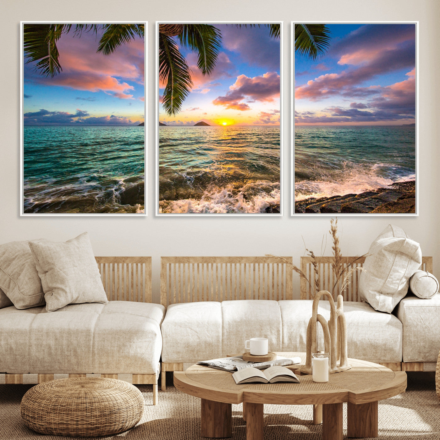 85985-MGV-FC-60X30-3P_White-Framed Tropical Sunset Art Canvas Print