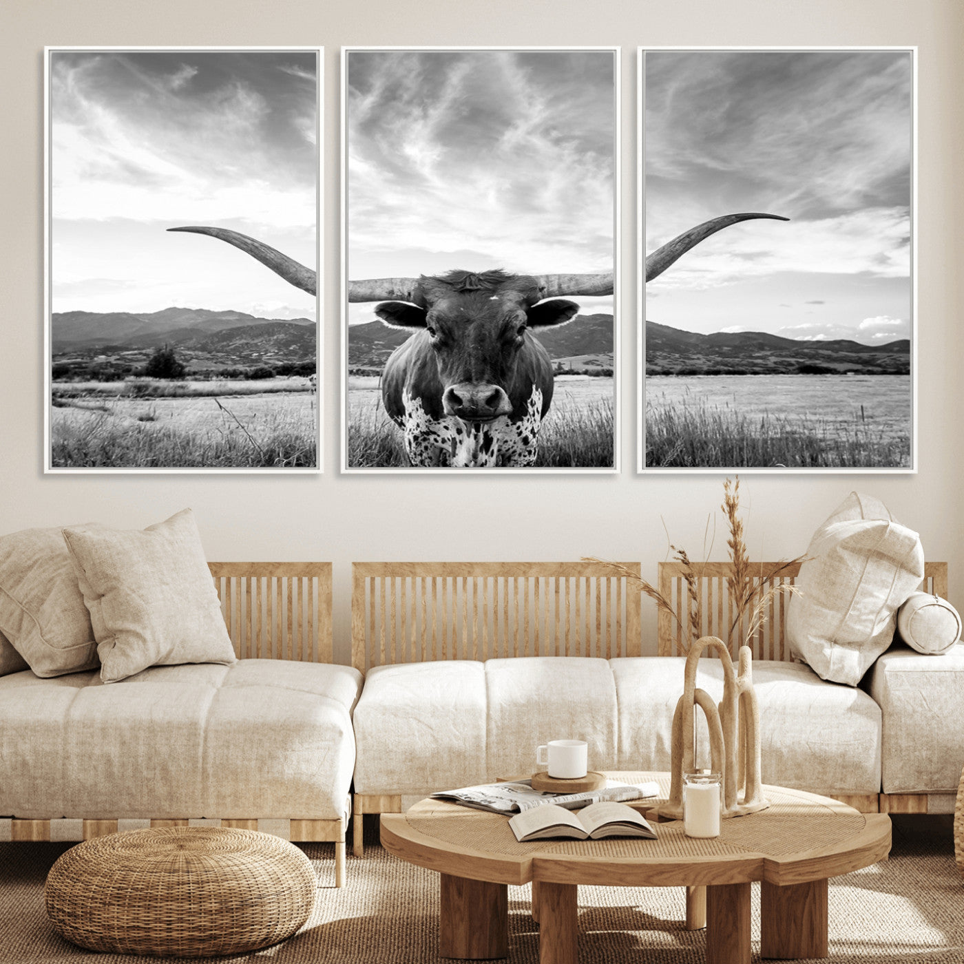 79527-MGV-FC-60X30-3P_White-Longhorn Black and White Wall Art – Rustic Western Bull Canvas Print, Farmhouse Country Decor for Living Room, Office or Ranch, Cowboy Wall Artwork