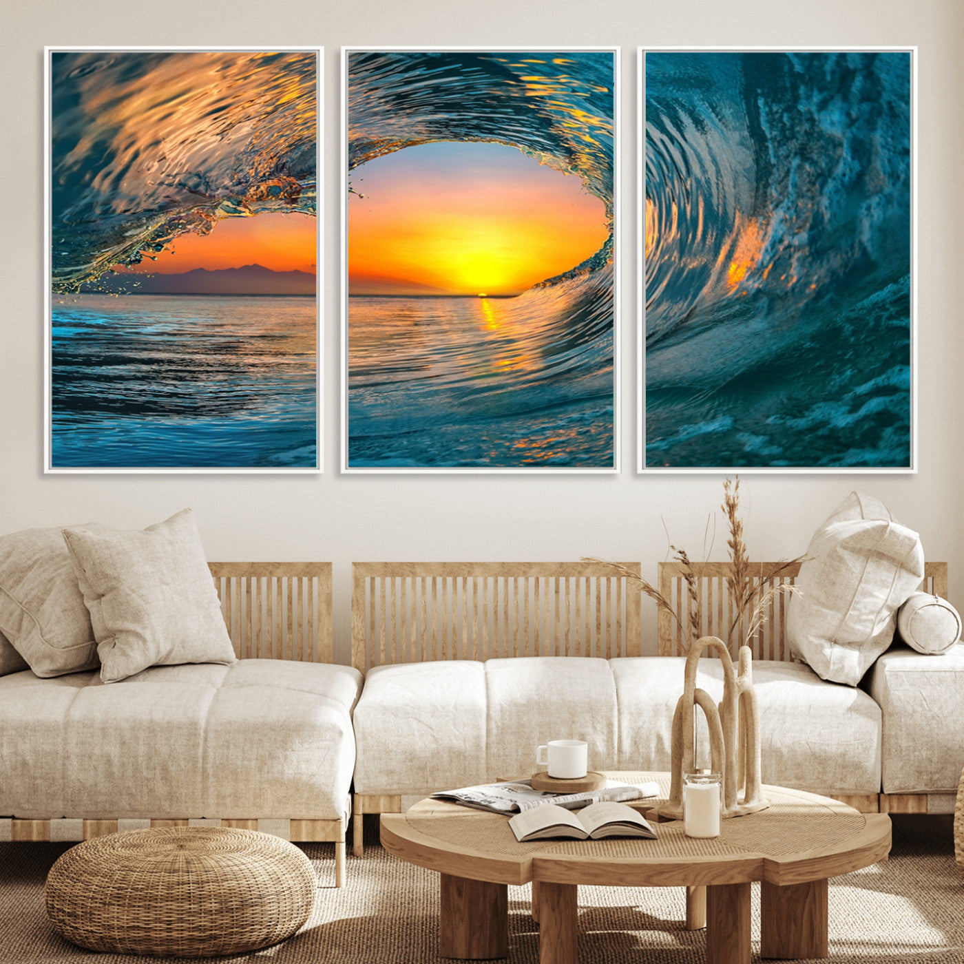 84279-MGV-CV-36X24-Ocean Wave Sunset Wall Art | Large Coastal Wave Canvas Print | 3-Panel Ocean Sunset Seascape for