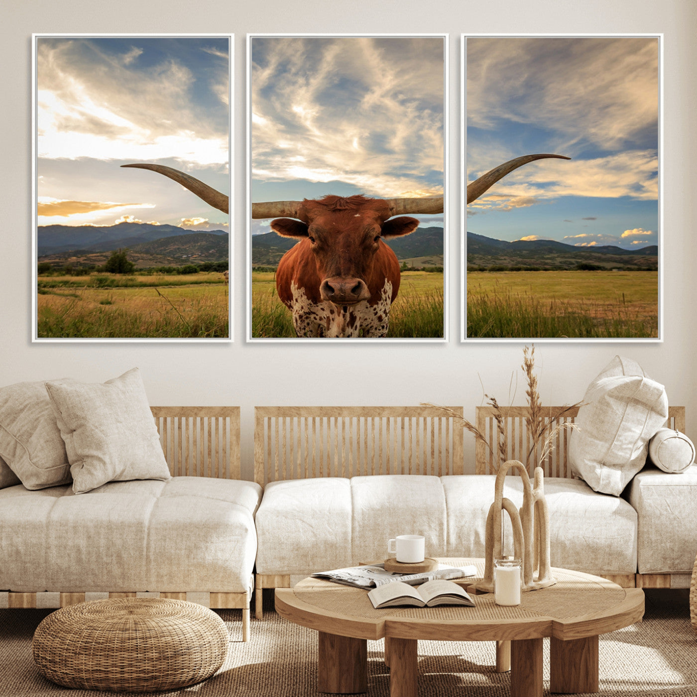 55416-MGV-CV-36X24-Texas Longhorn Canvas Wall Art – Majestic Triptych Animal Print – Rustic Western Decor for Living