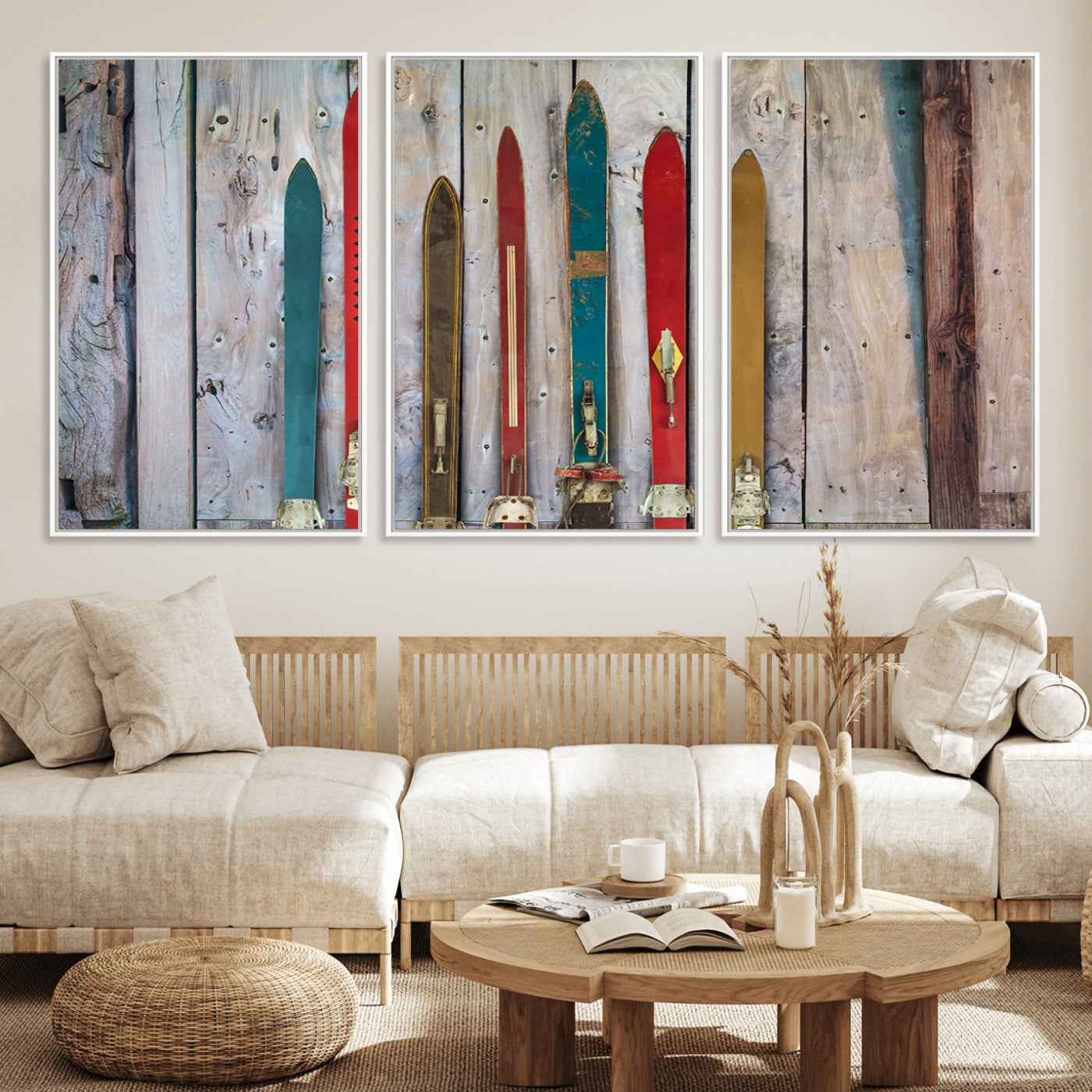 30640-MGV-FC-60X30-3P_White-Vintage Wooden Weathered Ski's in Front of an Old Barn Wall Art Canvas Print for Farmhouse, Cabin