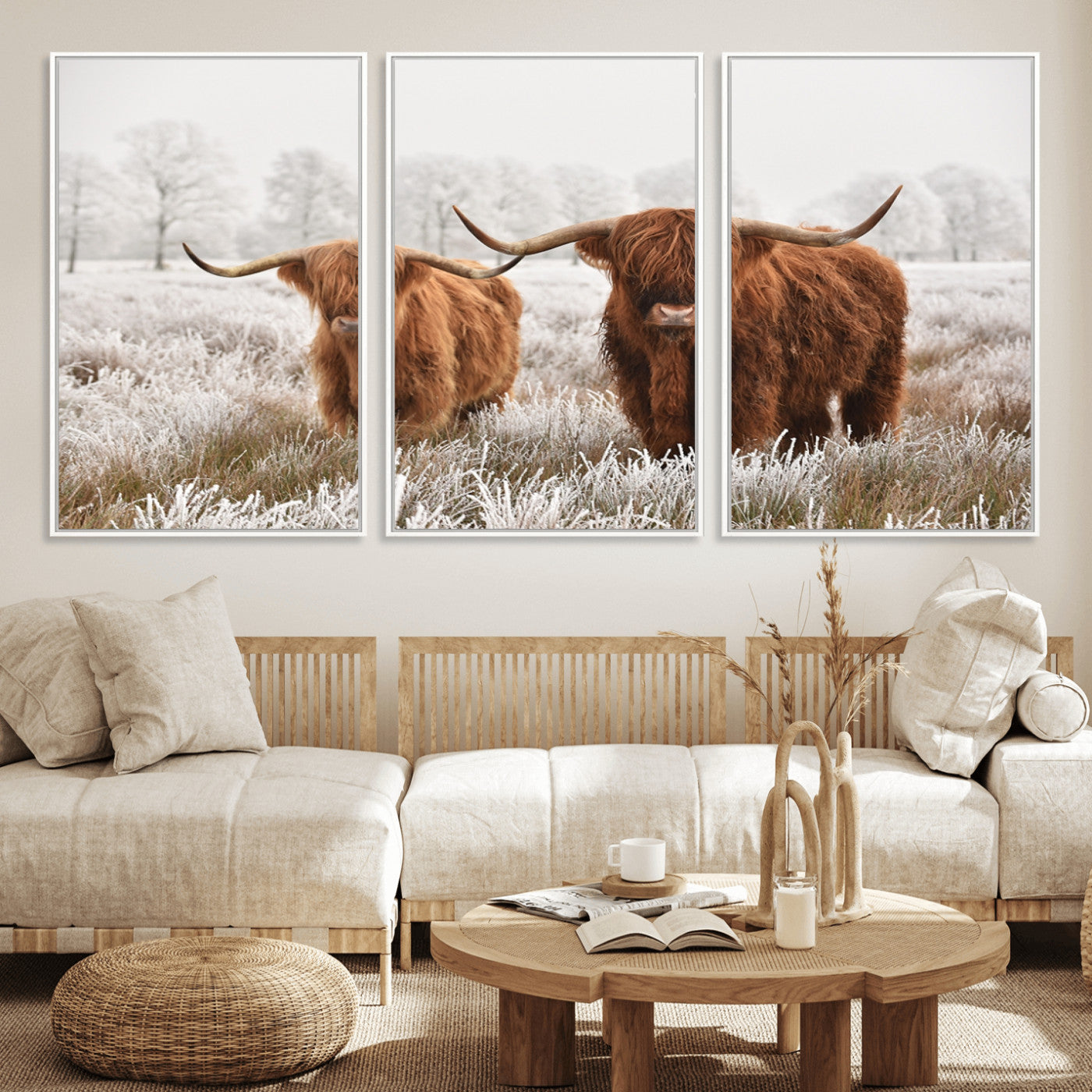 60379-MGV-FC-60X30-3P_White-Longhorn Cattle Wall Art Canvas Print, Framed Farmhouse Style Art Picture Print, Rustic Cow Perfect Rustic Farmhouse Decor Artwork
