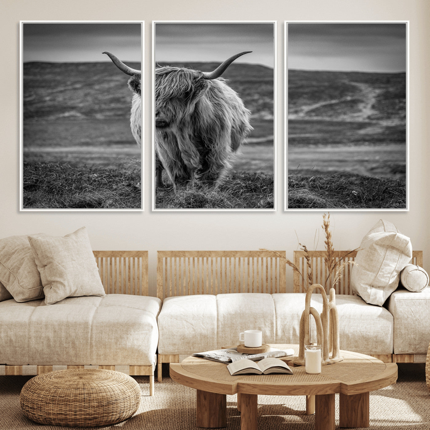 42995-MGV-FC-60X30-3P_White-Fluffy Cattle Wall Art Print, Highland Cow Canvas, Framed Black and white Wall Art