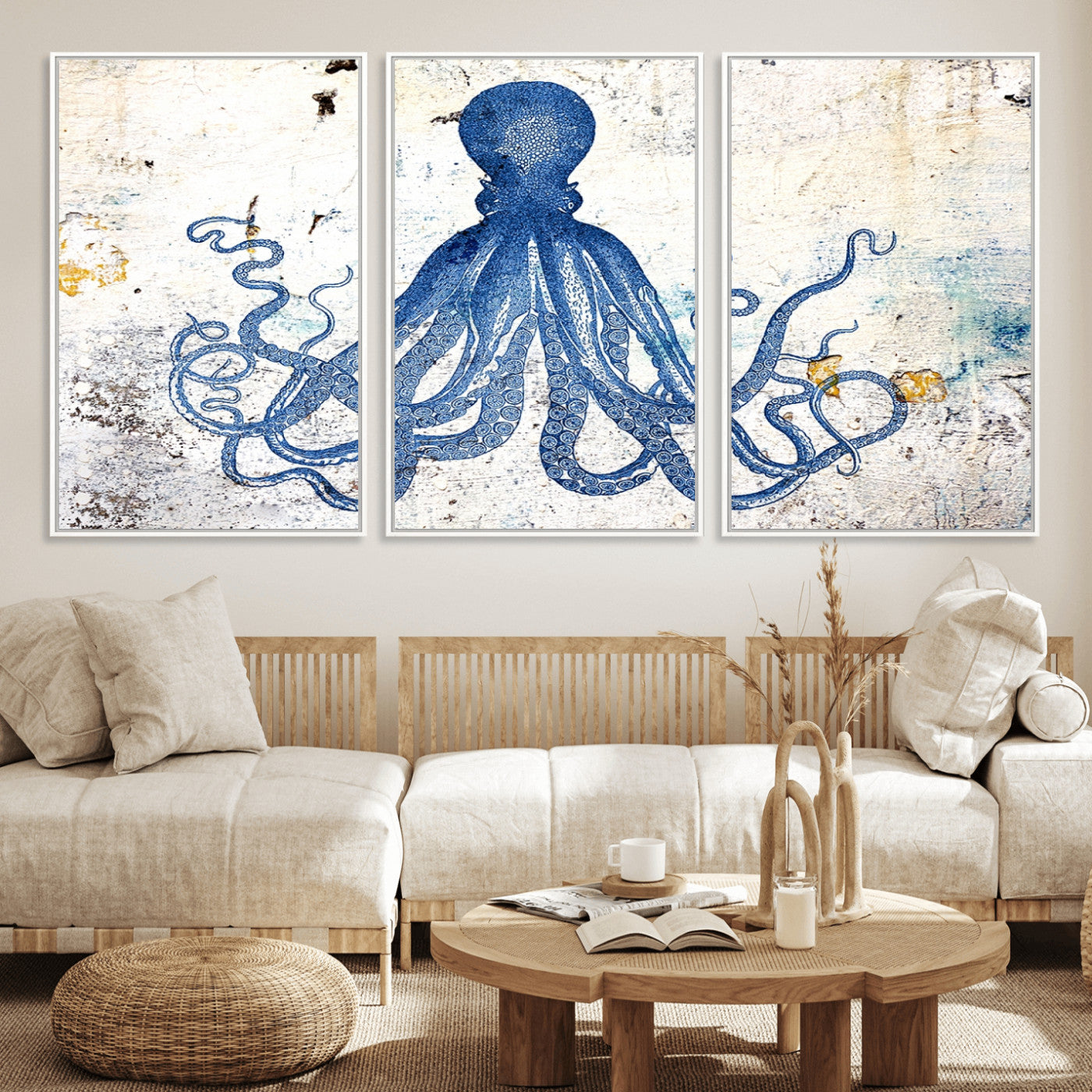38211-MGV-FC-60X30-3P_White-Octopus Canvas Wall Art | Coastal Marine Life Artwork for Living Room, Bedroom, or Office |