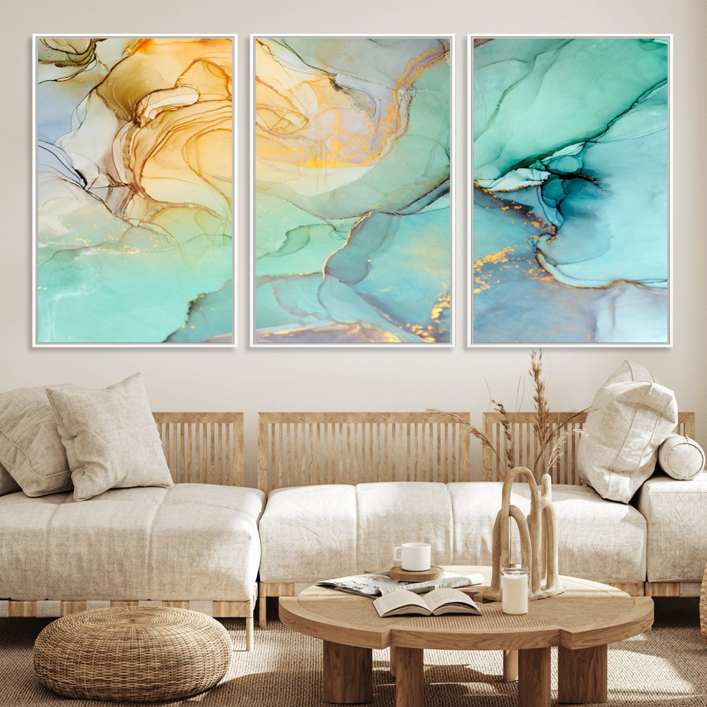 47242-MGV-FC-60X30-3P_White-Green Marble Fluid Effect Wall Art Abstract Canvas Wall Art Print