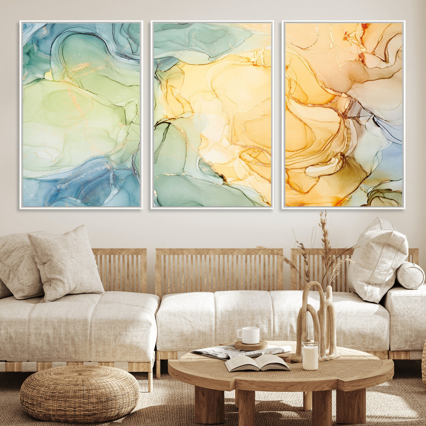 42195-MGV-FC-60X30-3P_White-Green and Yellow Marble Fluid Effect Wall Art, Green and Yellow Marble Canvas Wall Art Print