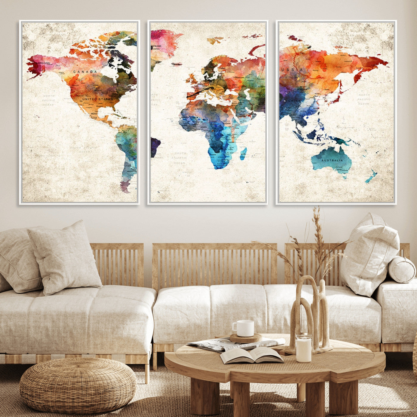 66549-MGV-FC-60X30-3P_White-Colorful Watercolor World Map Canvas Wall Art – Framed Push Pin Travel Map for Home and Office Decor, Artistic Modern Wall Artwork