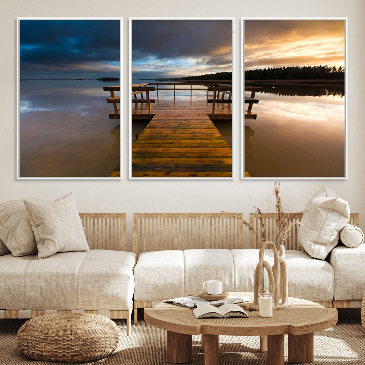 77616-MGV-FC-60X30-3P_White-Serene Lake Pier at Sunset Canvas Print | Landscape Canvas Print | Ready to Hang and Framed Wall Art