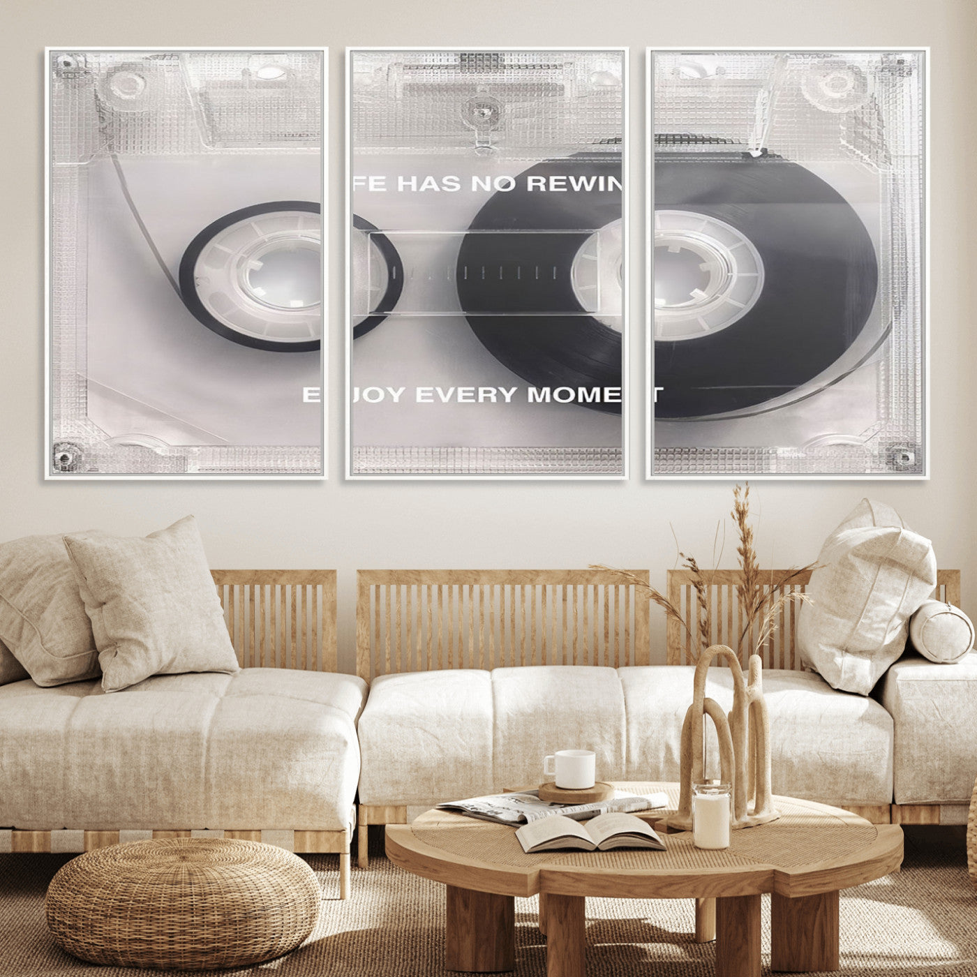 54028-MGV-FC-60X30-3P_White-Vintage Cassette Tape Canvas Wall Art - Inspirational 'Life Has No Rewind' Quote, Retro Music Decor