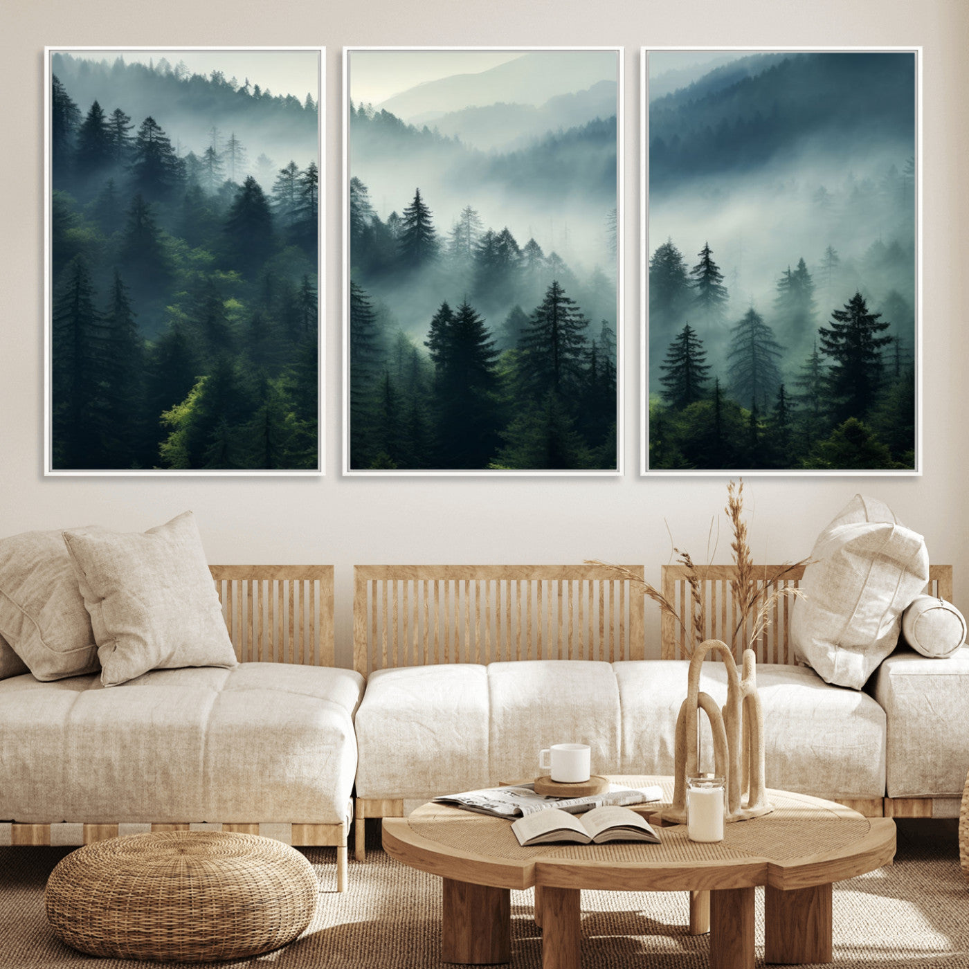 17687-MGV-FC-60X30-3P_White-Captivating Misty Forest Wall Art Premium Canvas Print a Foggy and Serene Atmosphere Art