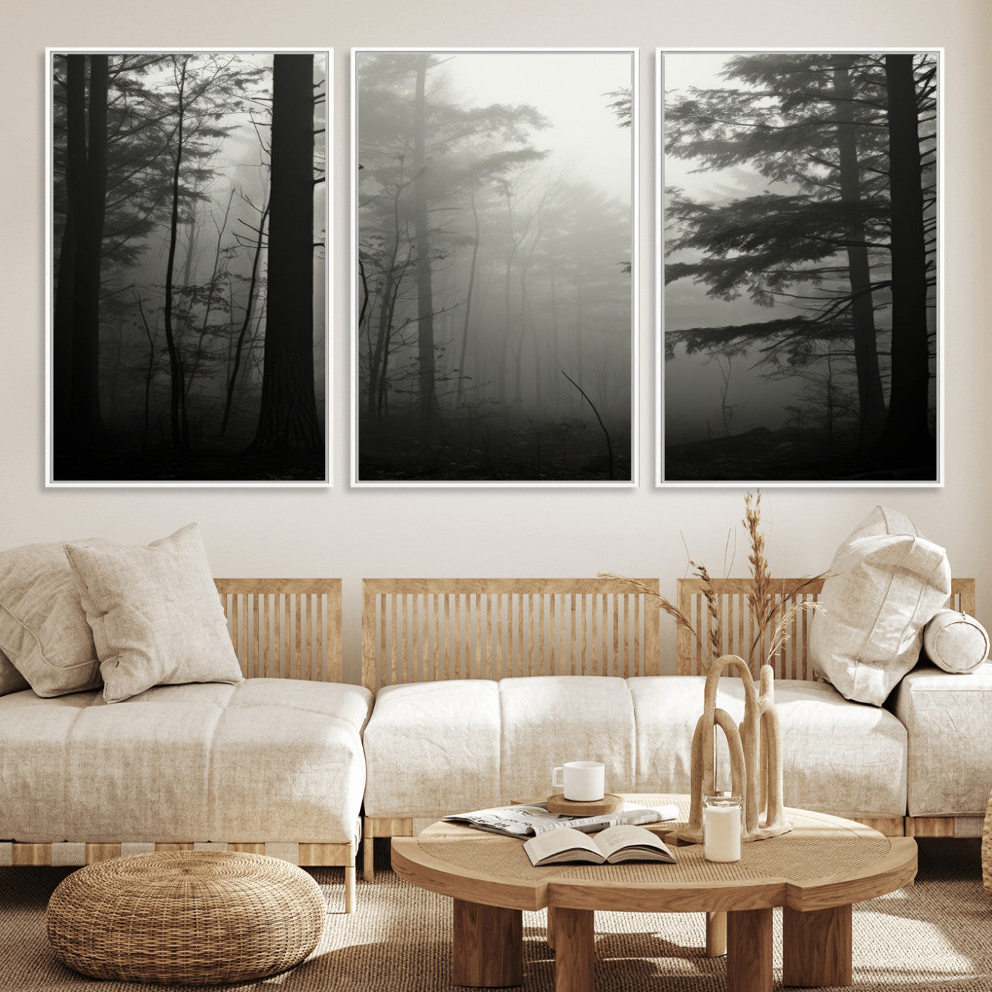 63515-MGV-FC-60X30-3P_White-Misty Forest Wall Art Premium Canvas Print a Foggy and Serene Atmosphere - Nature Wall Art