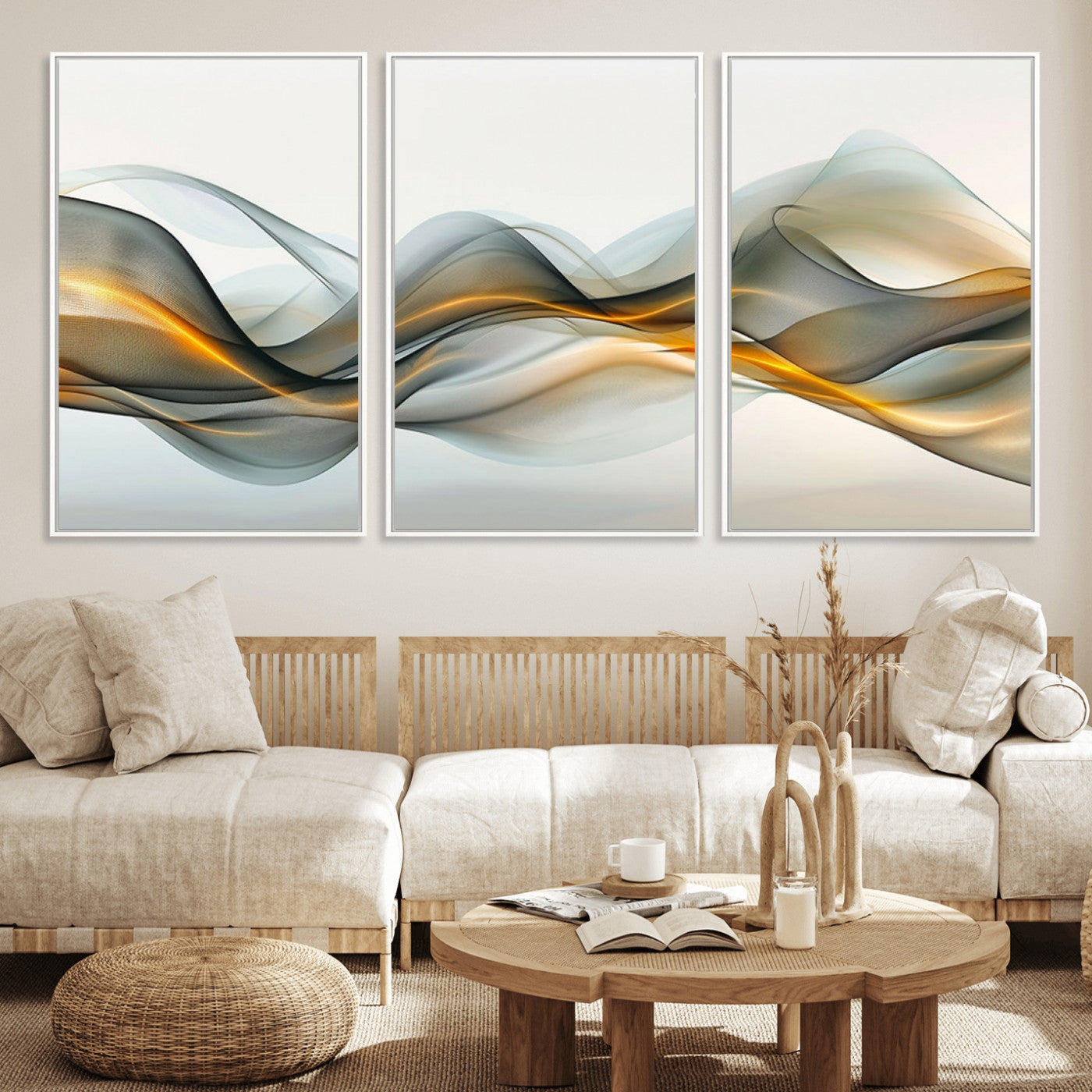 ES1001-MGV-FC-60X30-3P_White-Abstract Wave Canvas Wall Art – Fluid Contemporary Elegance in Motion – Ready to Hang