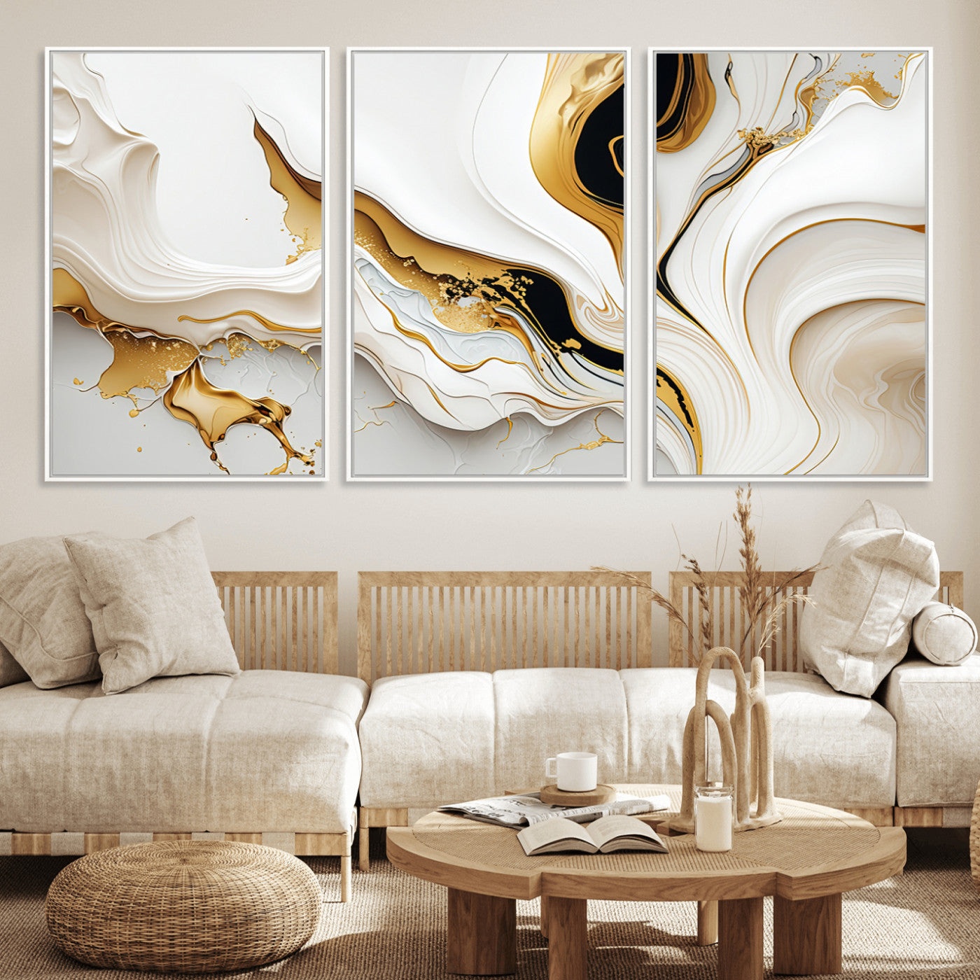 98637-MGV-FC-60X30-3P_White-Gold Waves on Pure White Canvas – Gold Abstract Art for Modern Interiors | Wall Art Canvas, Framed &
