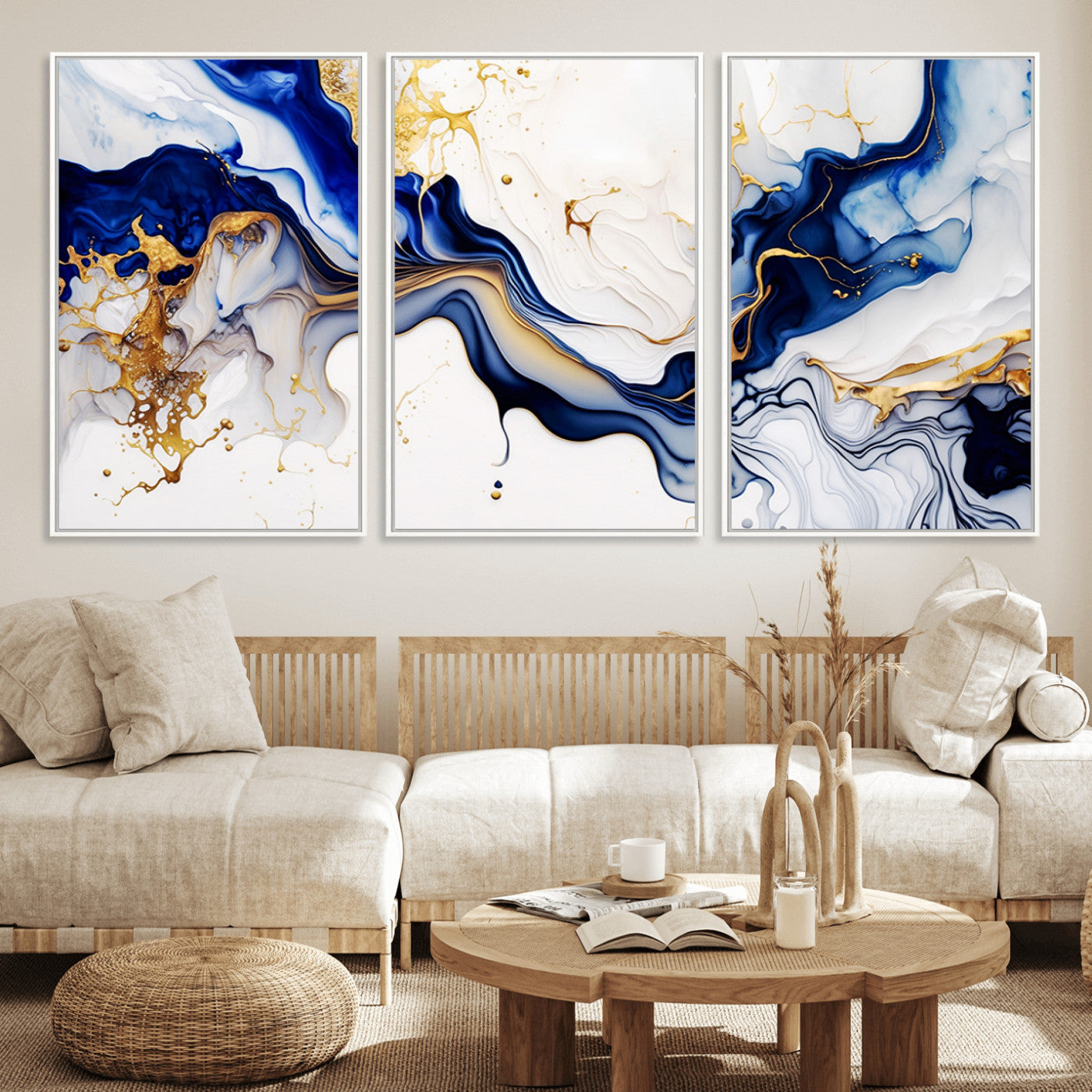 93392-MGV-FC-60X30-3P_White-Golden Cascades on Midnight Blue – Deep Blue Abstract Wall Art Flowing Elegance | Wall Art Canvas,