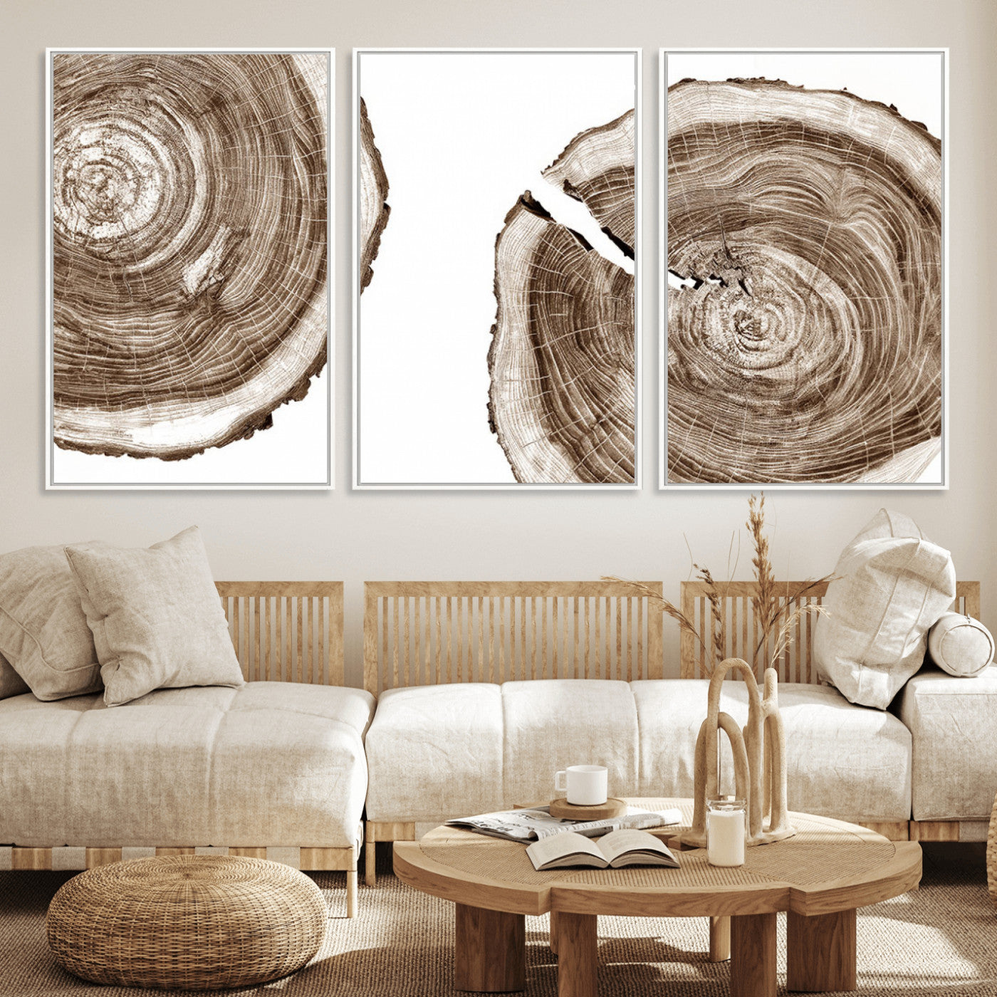 43743-MGV-FC-60X30-3P_White-Wood Tree Ring Wall Art Canvas Prints, Tree Rings – Minimalist Black and White Wood Art | Triptych
