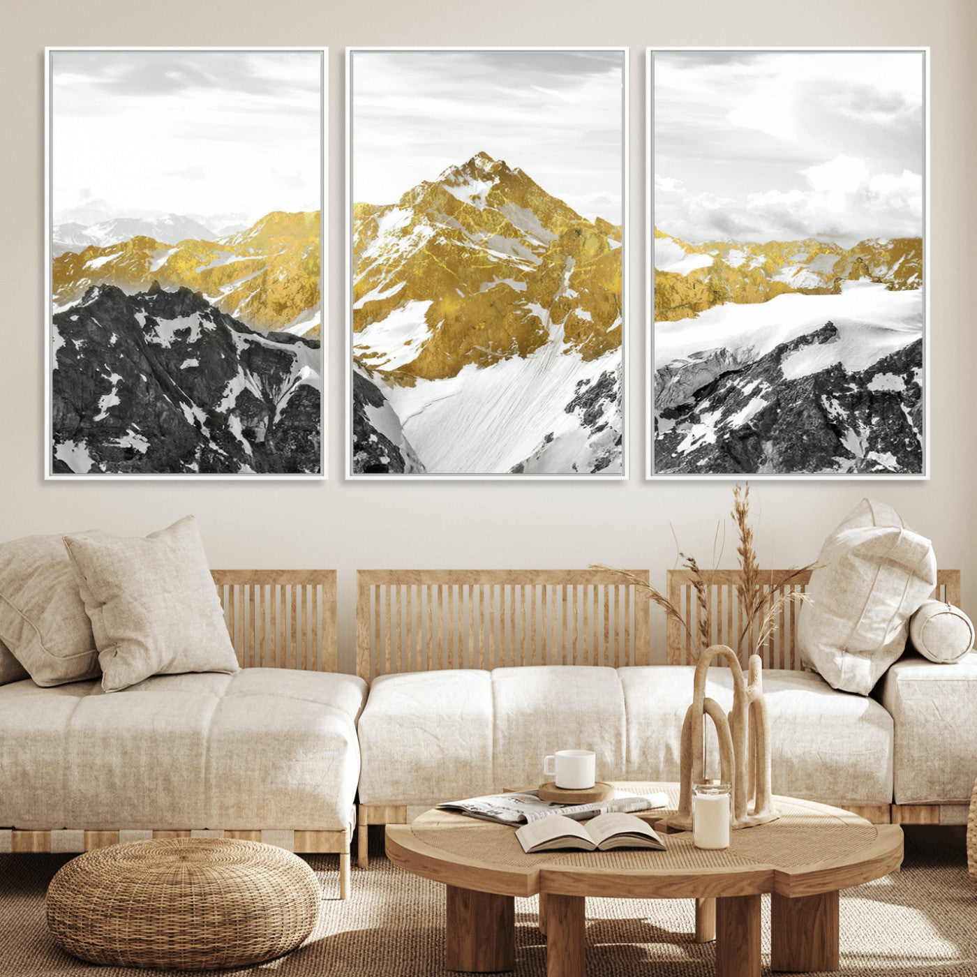 32102-MGV-FC-60X30-3P_White-Gold Abstract Mountains Wall Art Print on Canvas, Nature Wall Art Print,