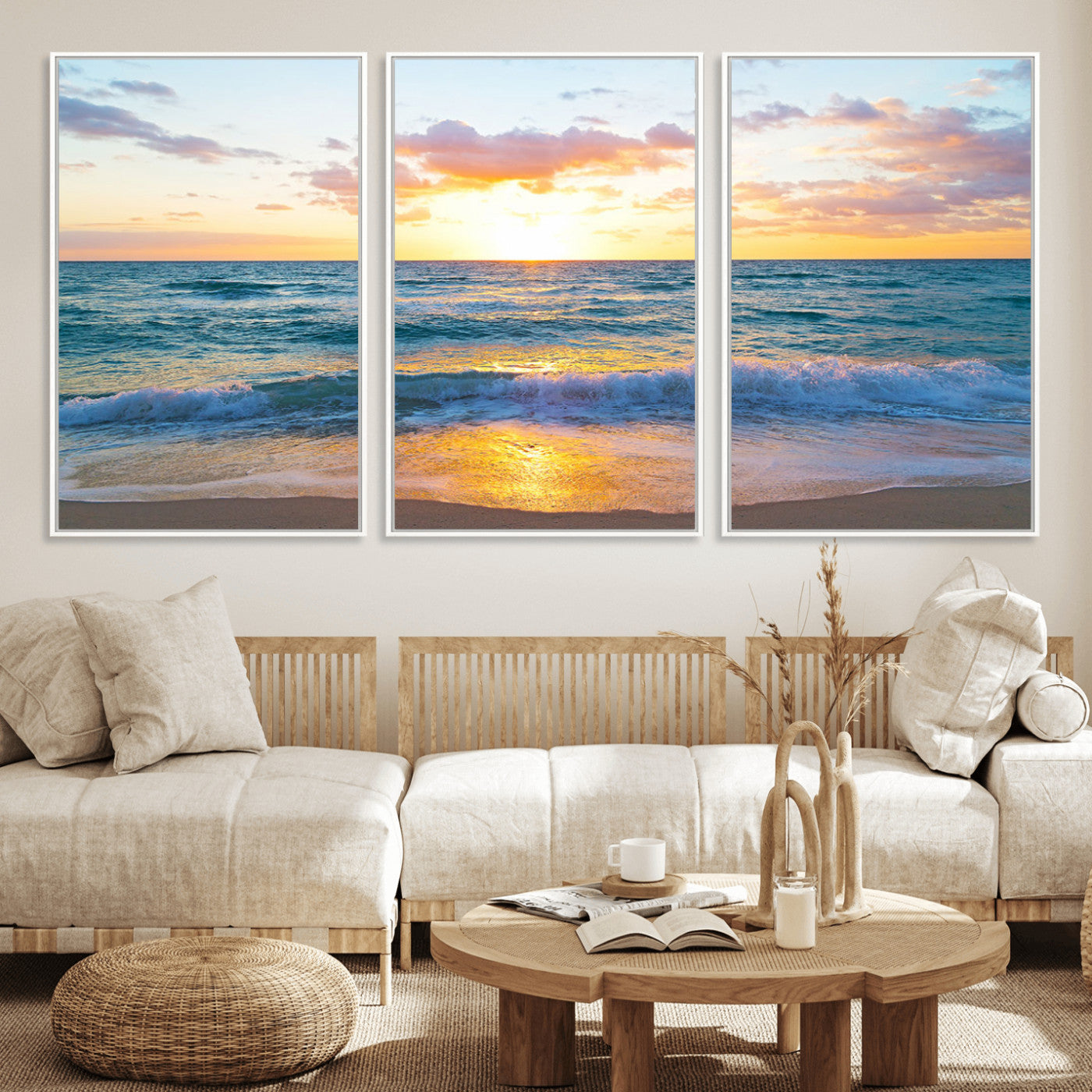 63383-MGV-FC-60X30-3P_White-Golden Sunset Over Ocean Waves - Serene Coastal Triptych Wall Art for Relaxing Home Decor, Ready to