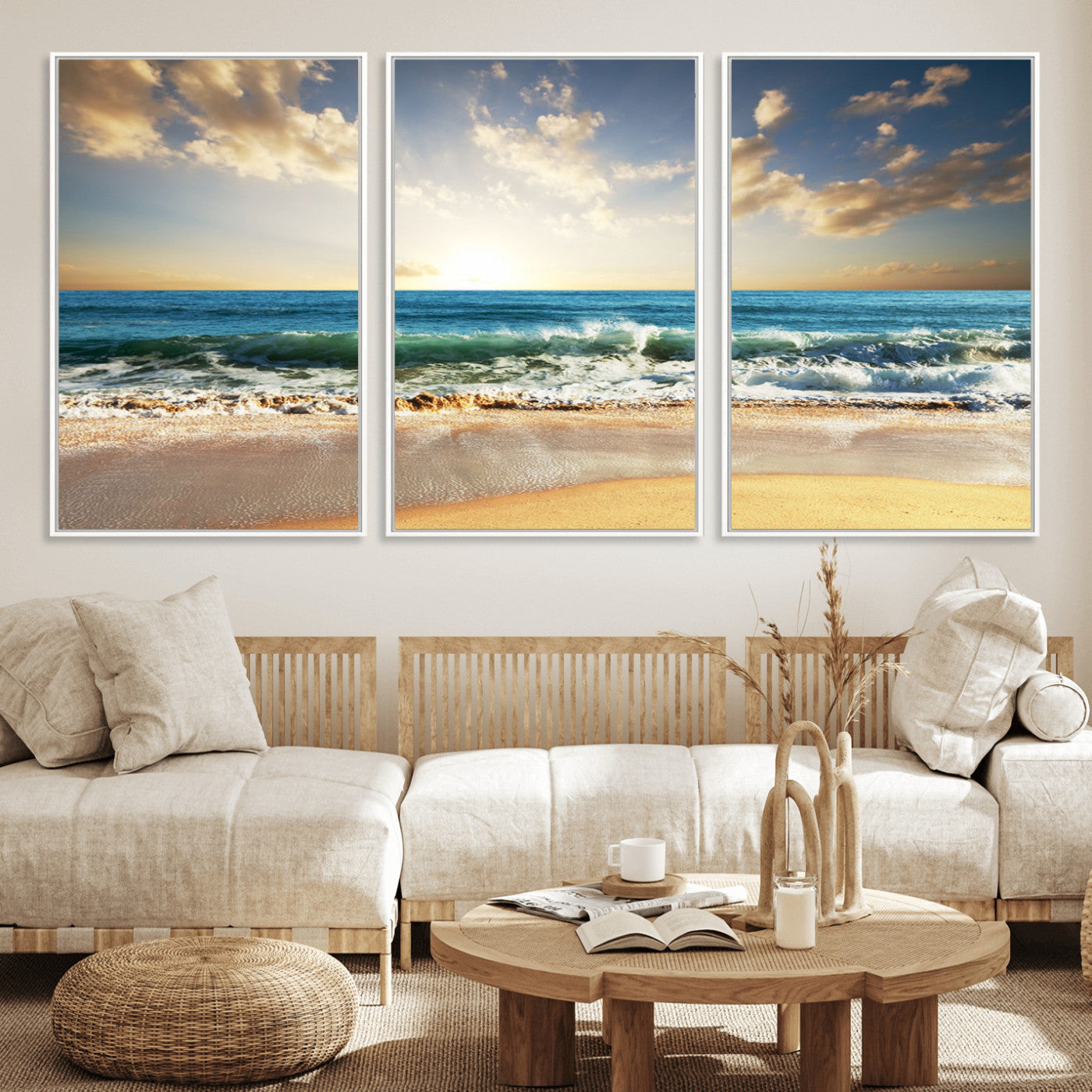 83376-MGV-FC-60X30-3P_White-Golden Sunset Beach Triptych Canvas Wall Art for Living Room – 3-Panel Ocean View, Framed & Ready to