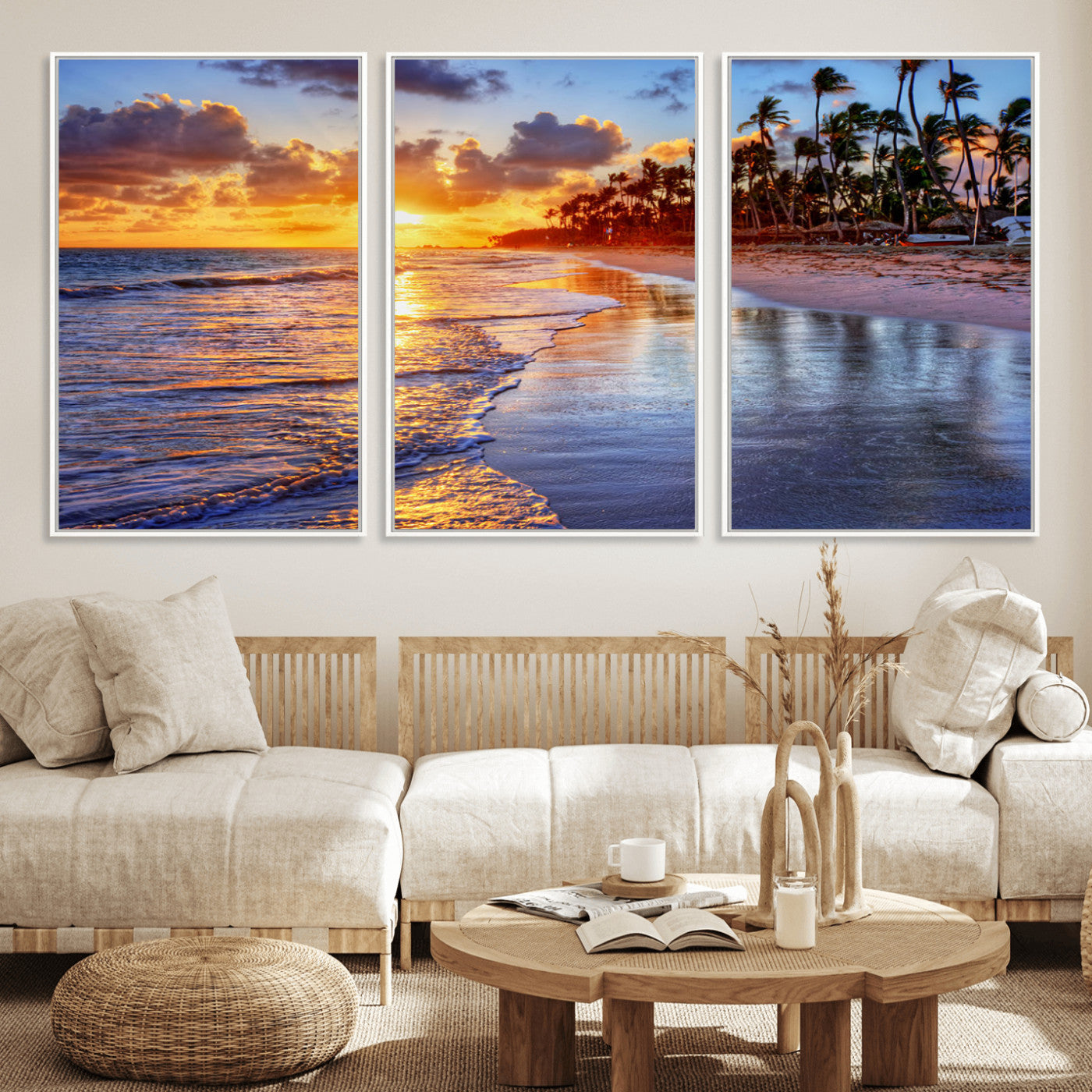 32177-MGV-FC-60X30-3P_White-Serene Beach Sunset Wall Art Canvas- Coastal Seascape Print for Living Room or Bedroom, Ocean Waves