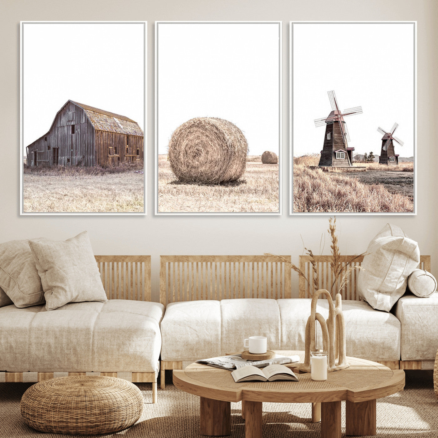 94971-MGV-FC-60X30-3P_White-Farm Prints Set, Set of 3 Farmhouse Wall Art, Country House Decor, Barn Print, Wheat Print,