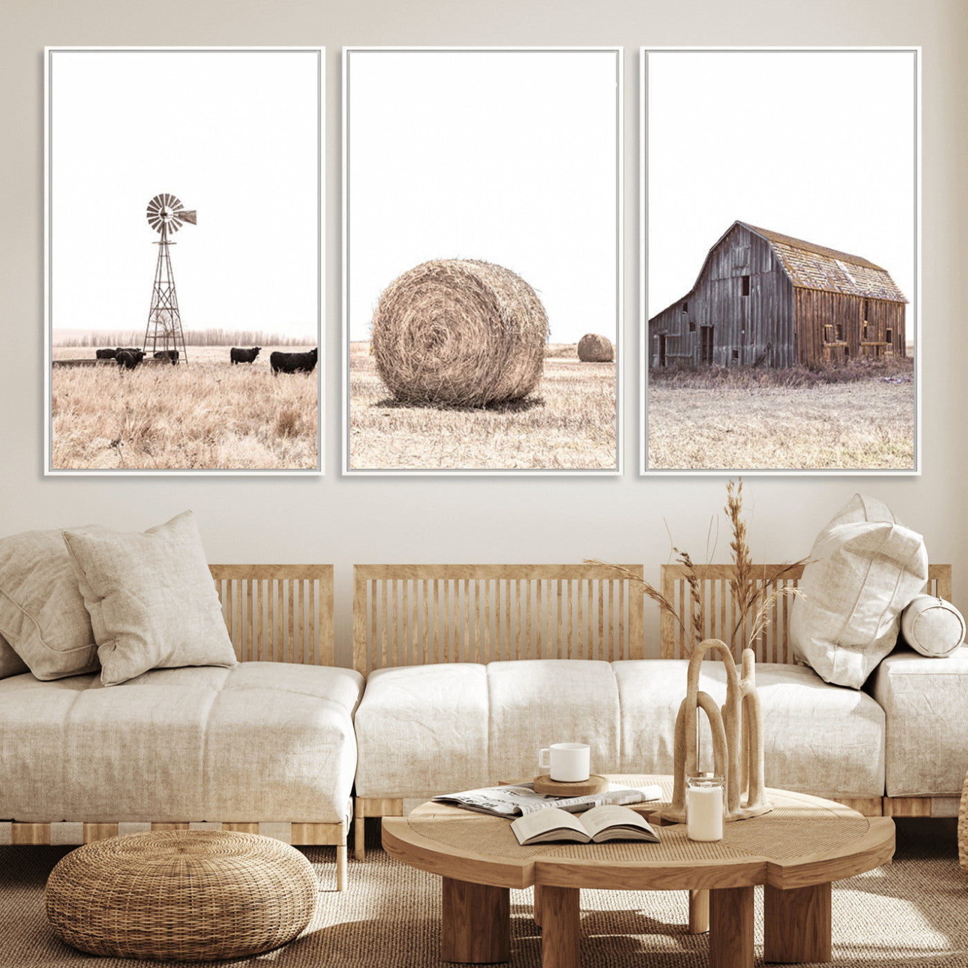 30918-MGV-FC-60X30-3P_White-Farm Prints Set, Set of 6 Farmhouse Wall Art, Country House Decor, Barn Print, Wheat Print,