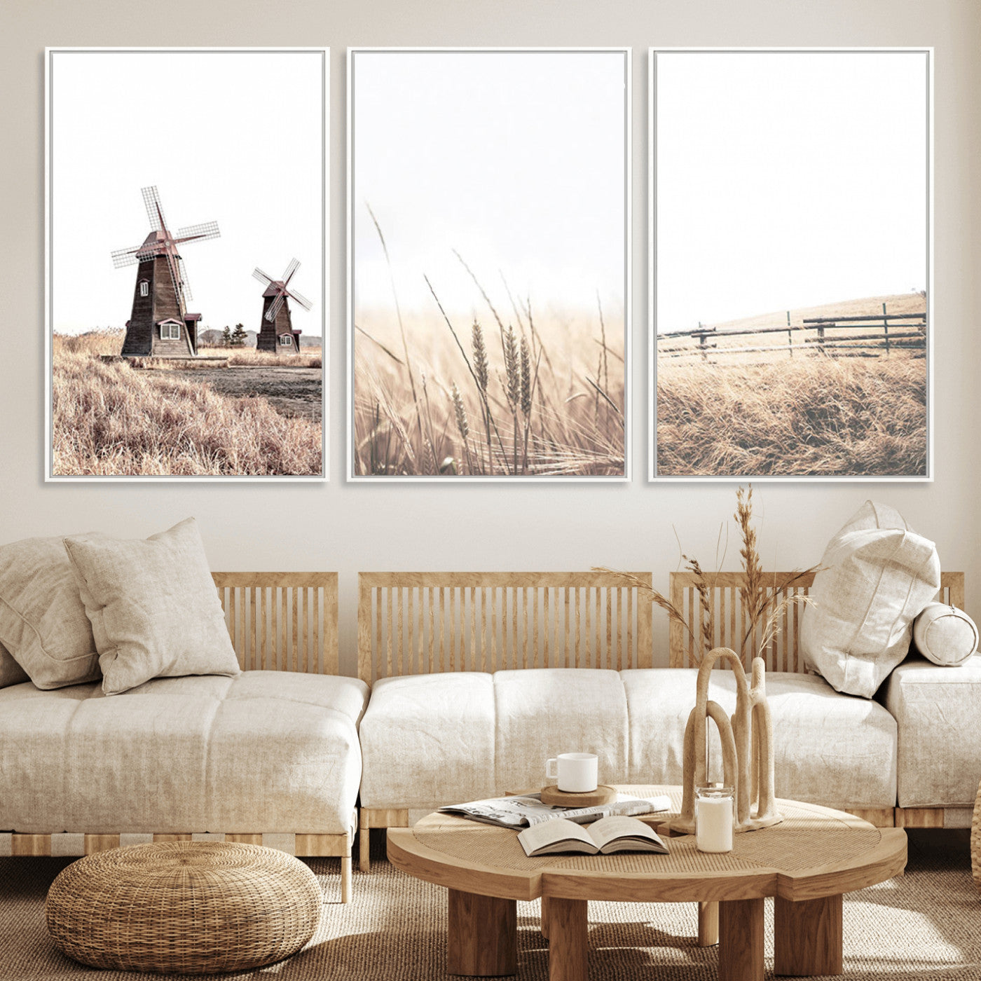 56649-MGV-FC-60X30-3P_White-Farm Prints Set, Set of 3 Farmhouse Wall Art, Country House Decor, Barn Print, Wheat Print,