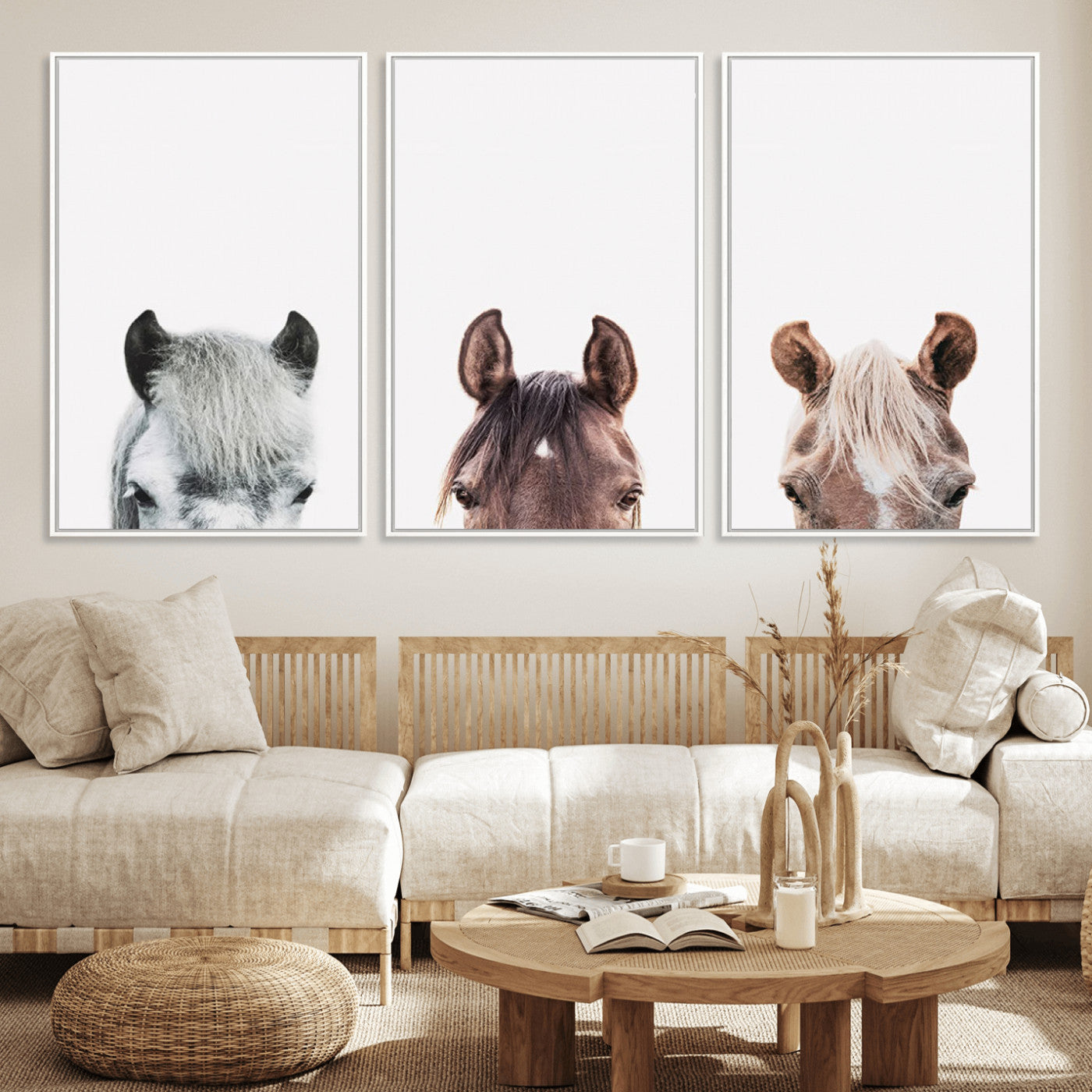 16020-MGV-FC-60X30-3P_White-Horse Wall Art - Minimalist Horse Triptych Wall Art – Modern 3-Panel Giclée Canvas Featuring Horse